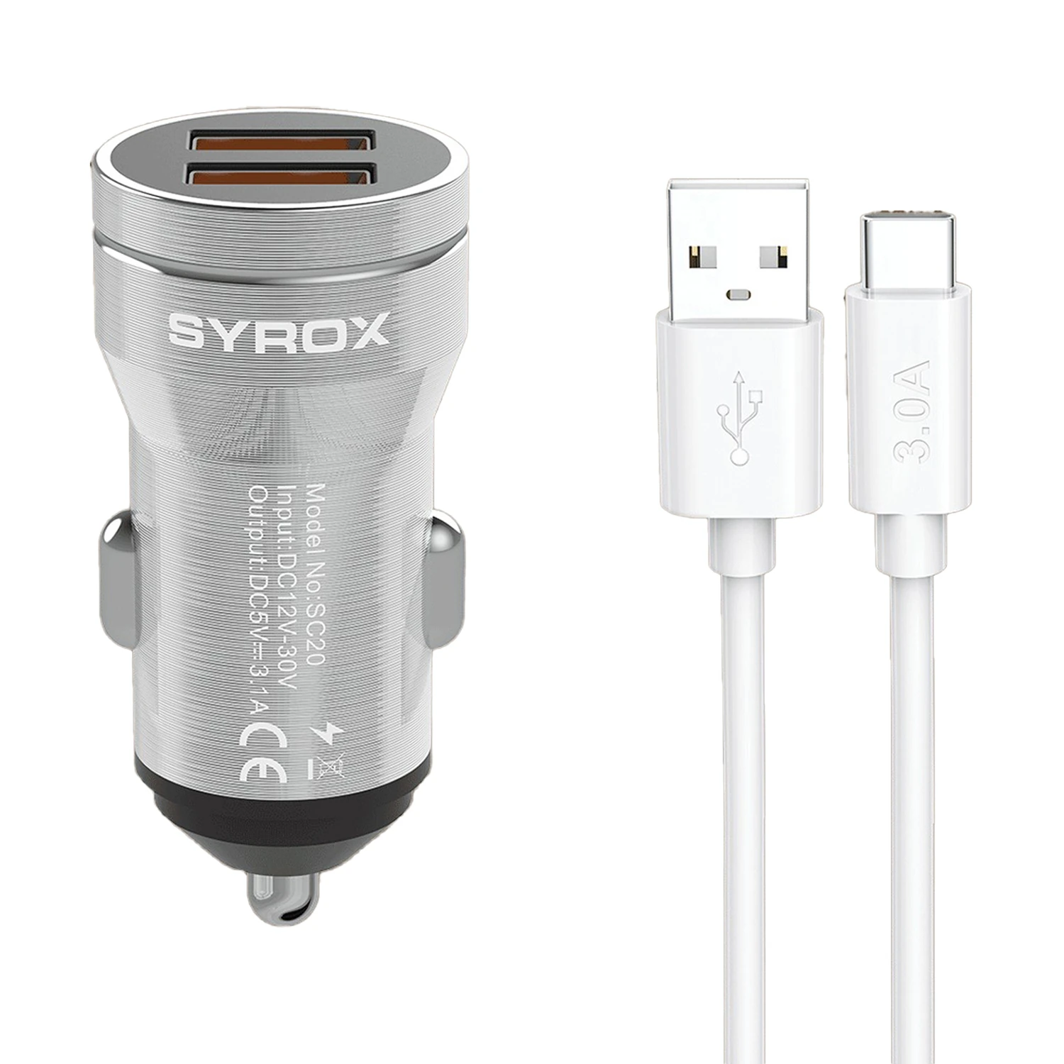 Syrox SC20T 3.1A Q.C. 3.0 1mt USB-A - Type-C Kablolu 2xUSB-A Port Çıkışlı Hızlı Araç Şarj Cihazı - Gri
