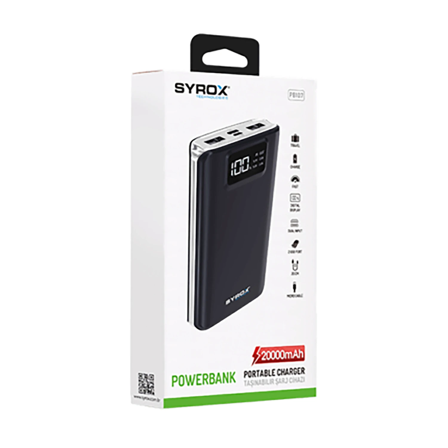 Syrox PB107 20.000mAh Dijital Göstergeli Çift Çıkışlı Powerbank - Siyah