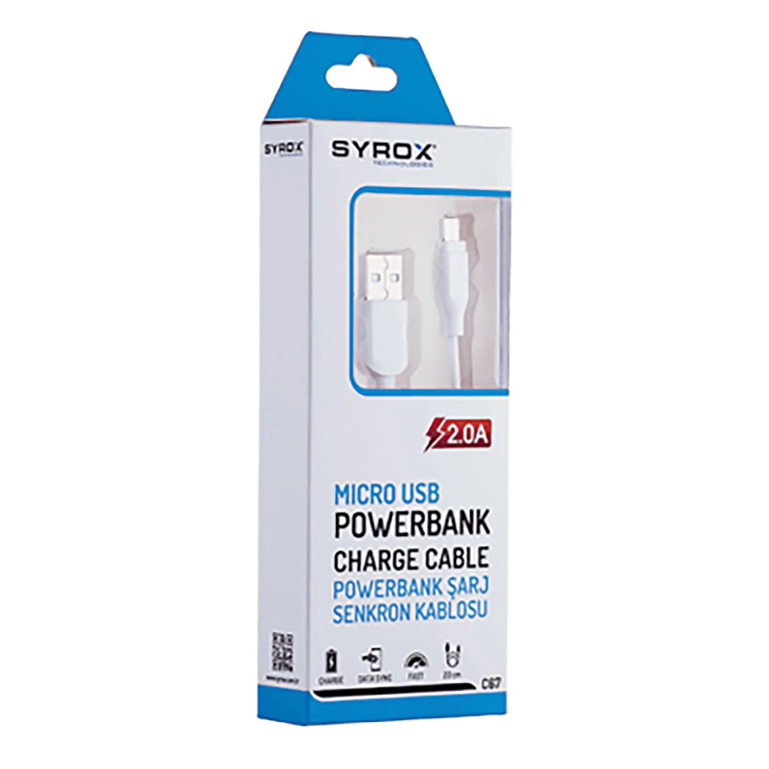 Syrox C67 2.0A 20cm USB-A - Micro USB Şarj & Data Kablosu - Beyaz