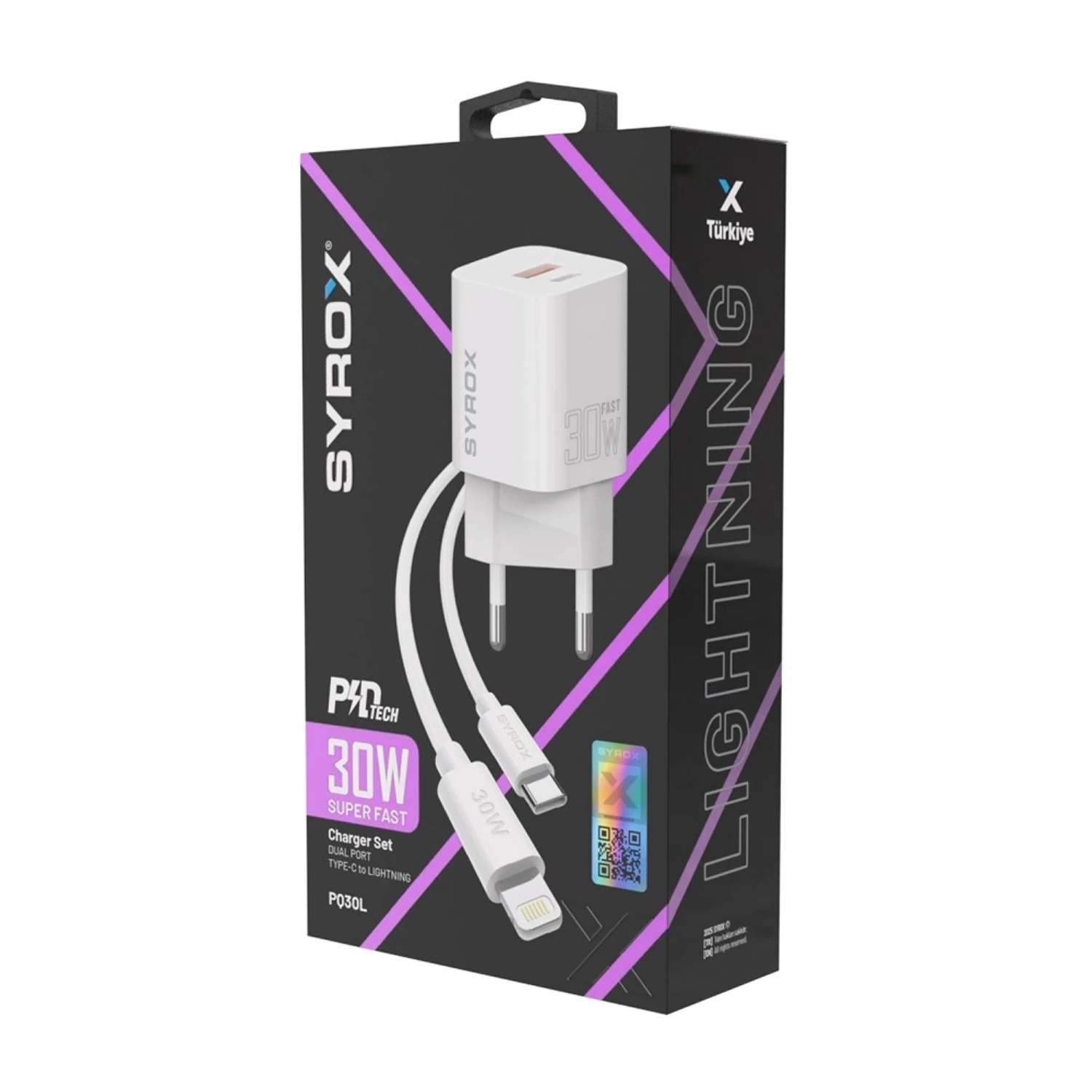 Syrox PDQ30L 3.0A QC 3.0 30W PD 1mt Type-C - Lightning Kablolu 1xType-C Port Çıkışlı Süper Hızlı Şarj Cihazı - Beyaz