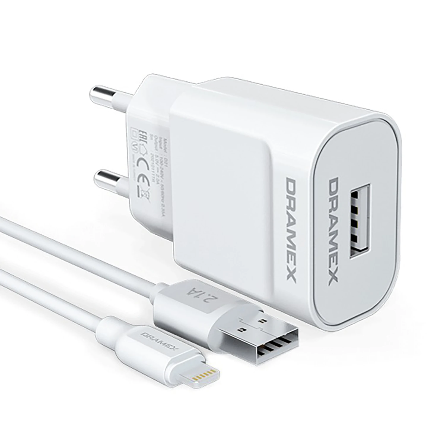 Dramex D21L 2.1A 1mt USB-A - Lightning Kablolu 1xUSB-A Port Çıkışlı Şarj Cihazı - Beyaz