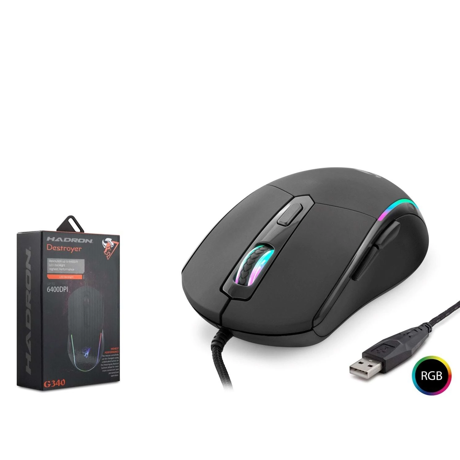Hadron G340 Destroyer 6400dpi RGB Ledli 1.50mt USB Kablolu Oyuncu Mouse - Siyah