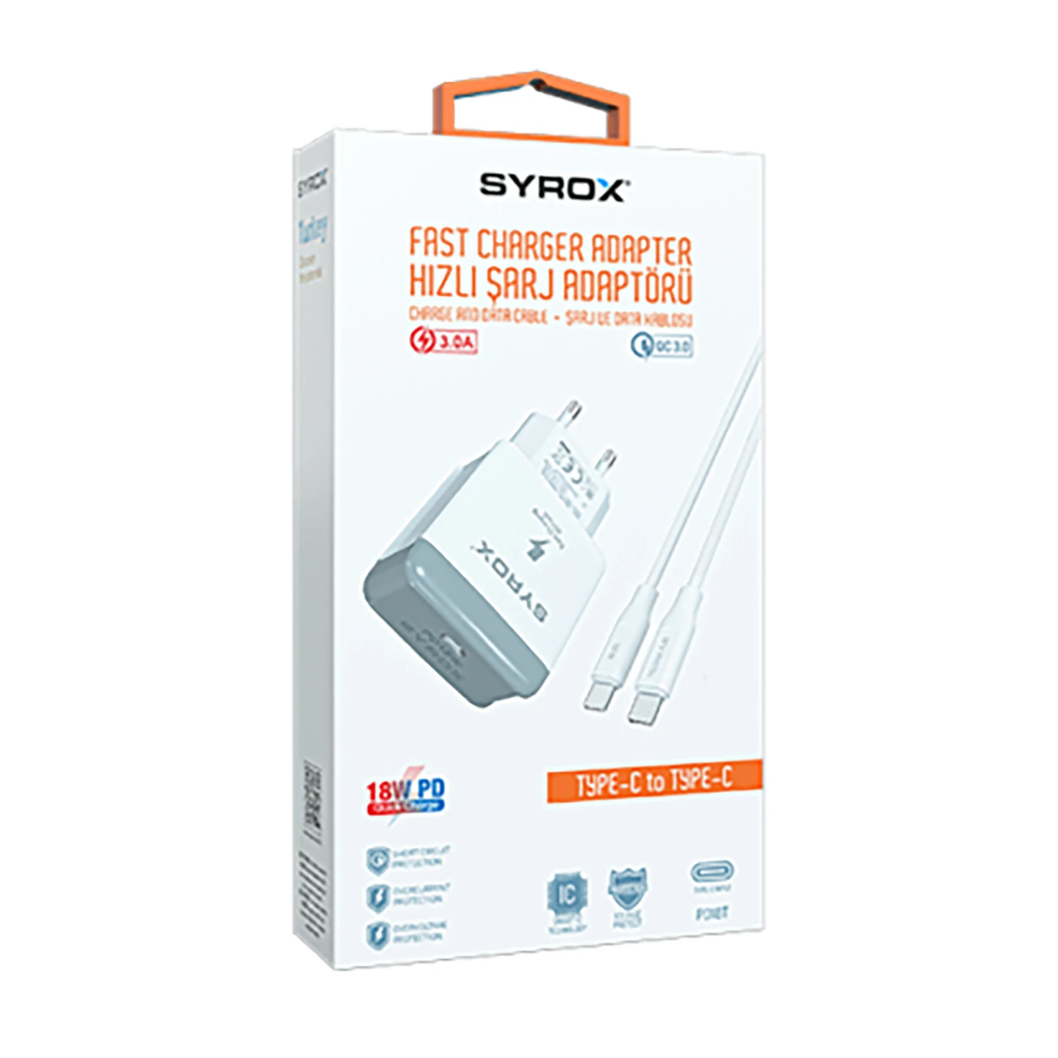 Syrox PD18T 3.0A 18W PD 1mt Type-C - Type-C Kablolu 1xType-C Port Çıkışlı Şarj Cihazı - Beyaz