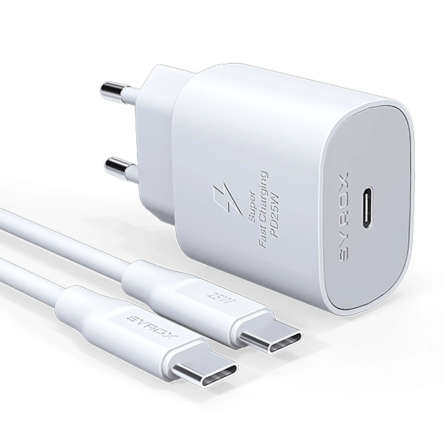 Syrox PD25T 3.0A 25W PD 1mt Type-C - Type-C Kablolu 1xType-C Çıkışlı Şarj Cihazı - Beyaz