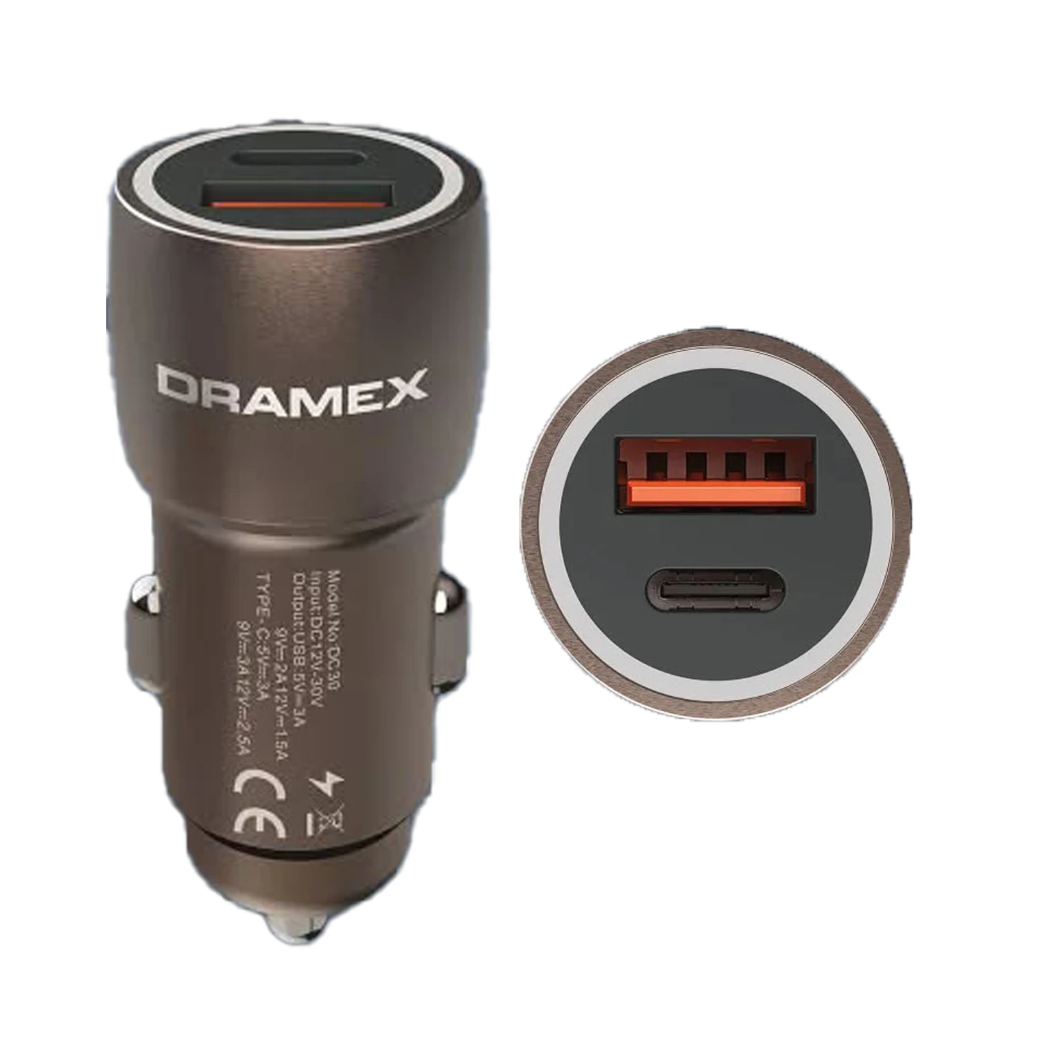 Dramex DC30T 3.1A 30W PD Q.C. 3.0 1mt Type-C - Type-C Kablolu 1xType-C + 1xUSB-A Port Çıkışlı Hızlı Araç Şarj Cihazı - Kahverengi