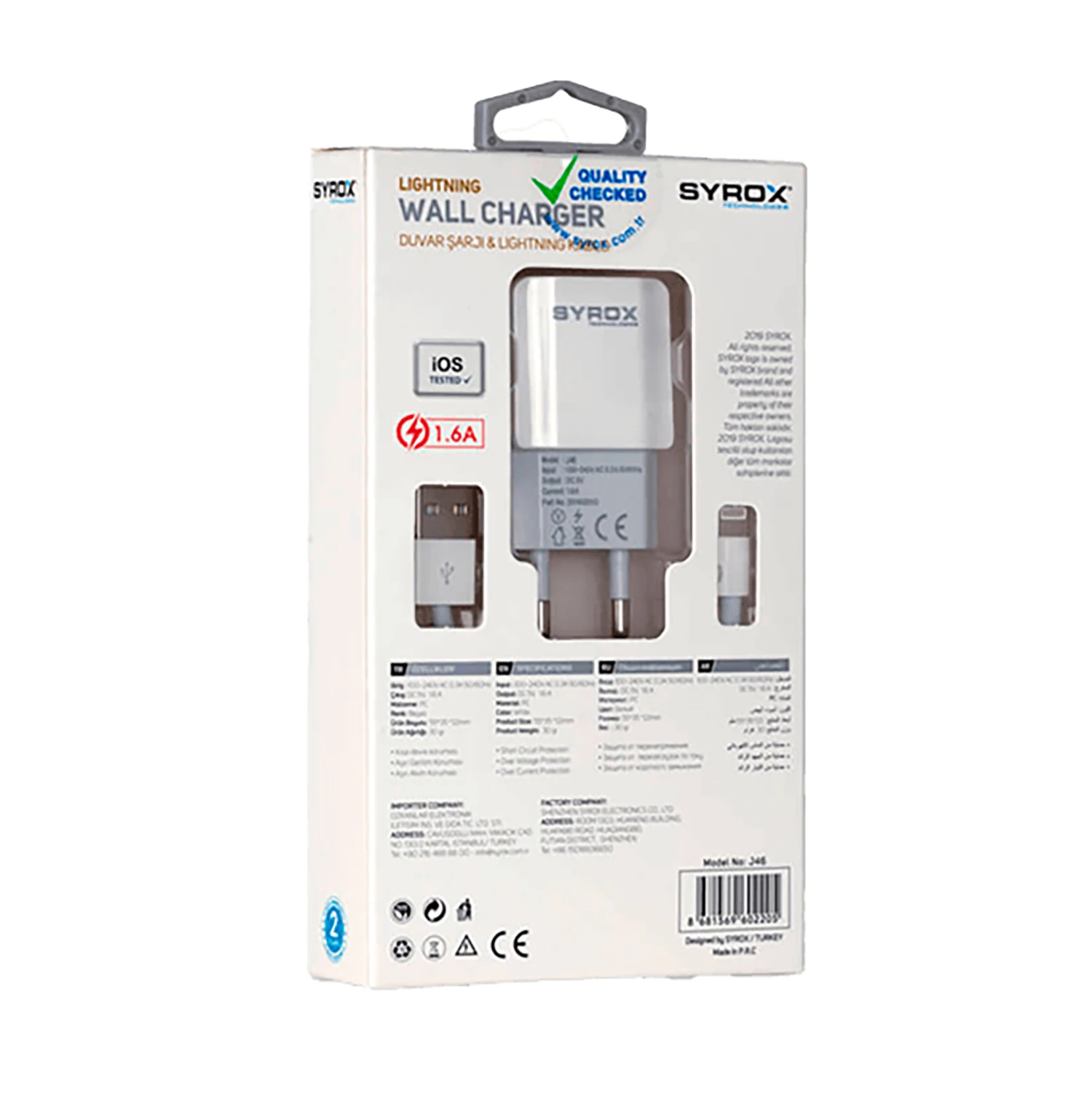 Syrox J46 1.6A 1mt USB-A - Lightning Kablolu 1xUSB-A Port Çıkışlı Şarj Cihazı - Beyaz