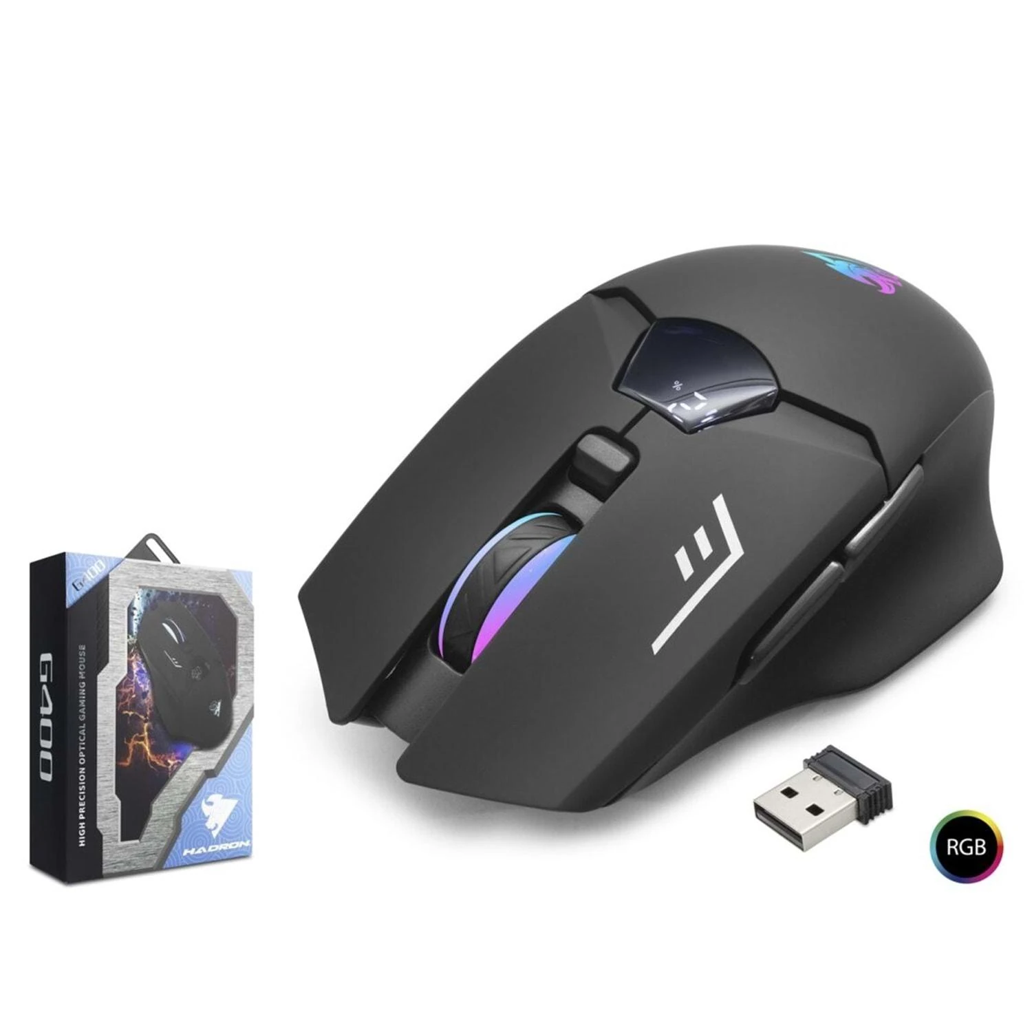 Hadron G400 1600dpi Gökkuşağı Ledli Ekranlı Bluetooth + 2.4GHz Type-C Şarjlı Kablosuz Oyuncu Mouse - Siyah