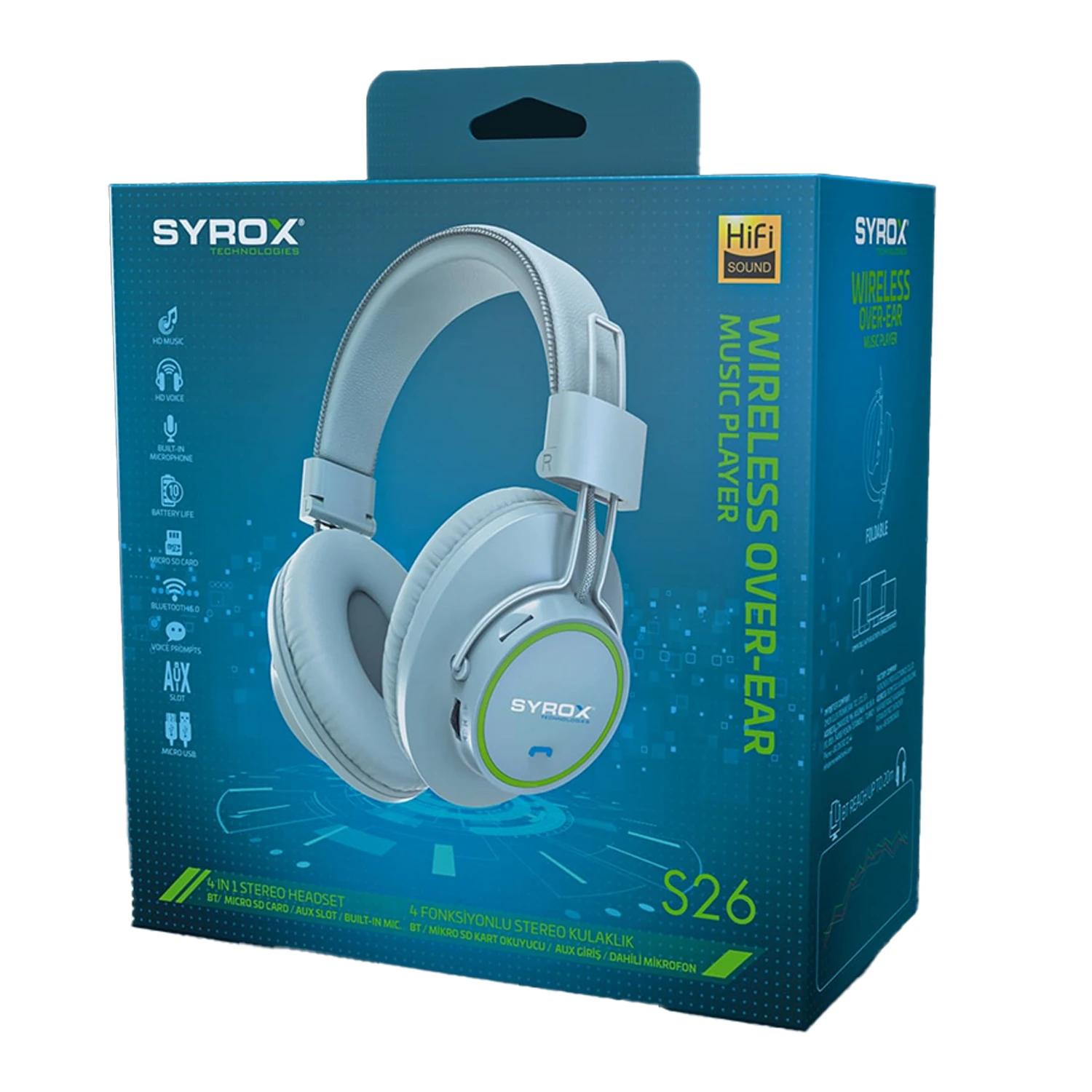 Syrox S26 Hafıza Kartı + 3.5mm AUX Destekli Bluetooth 5.0 Kablosuz Mikrofonlu Kulaküstü Kulaklık - Mavisi