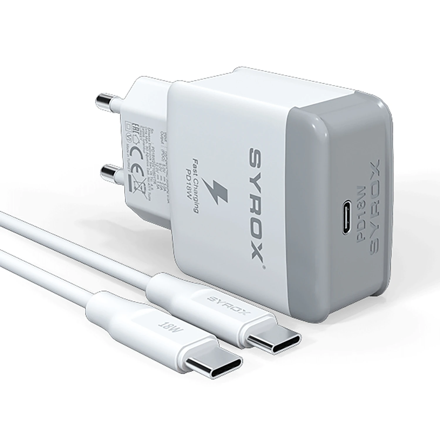 Syrox PD18T 3.0A 18W PD 1mt Type-C - Type-C Kablolu 1xType-C Port Çıkışlı Şarj Cihazı - Beyaz