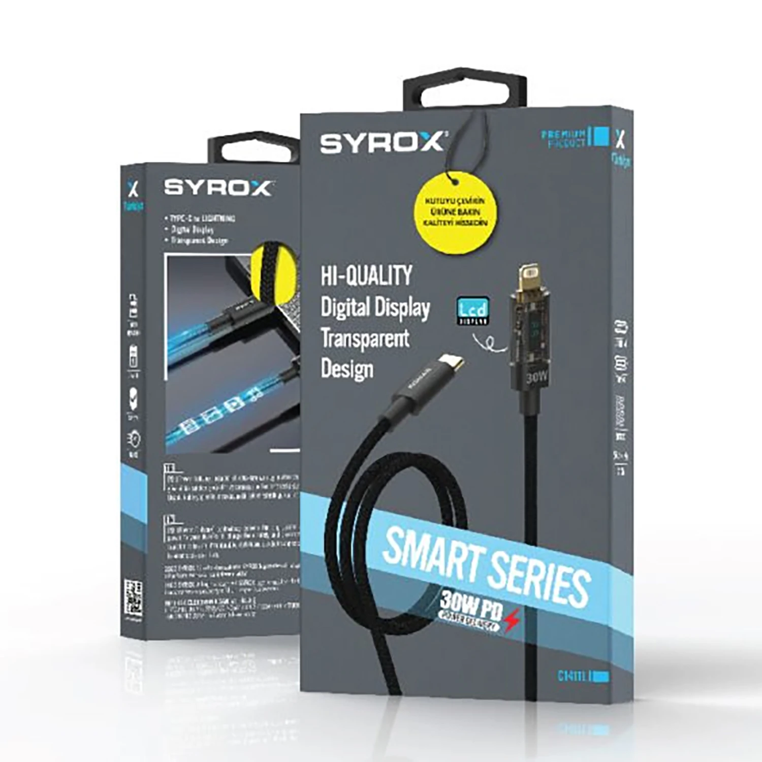 Syrox C141TL 30W PD 1.21mt Dijital Ekranlı Örgülü Type-C - Lightning Şarj & Data Kablosu - Siyah