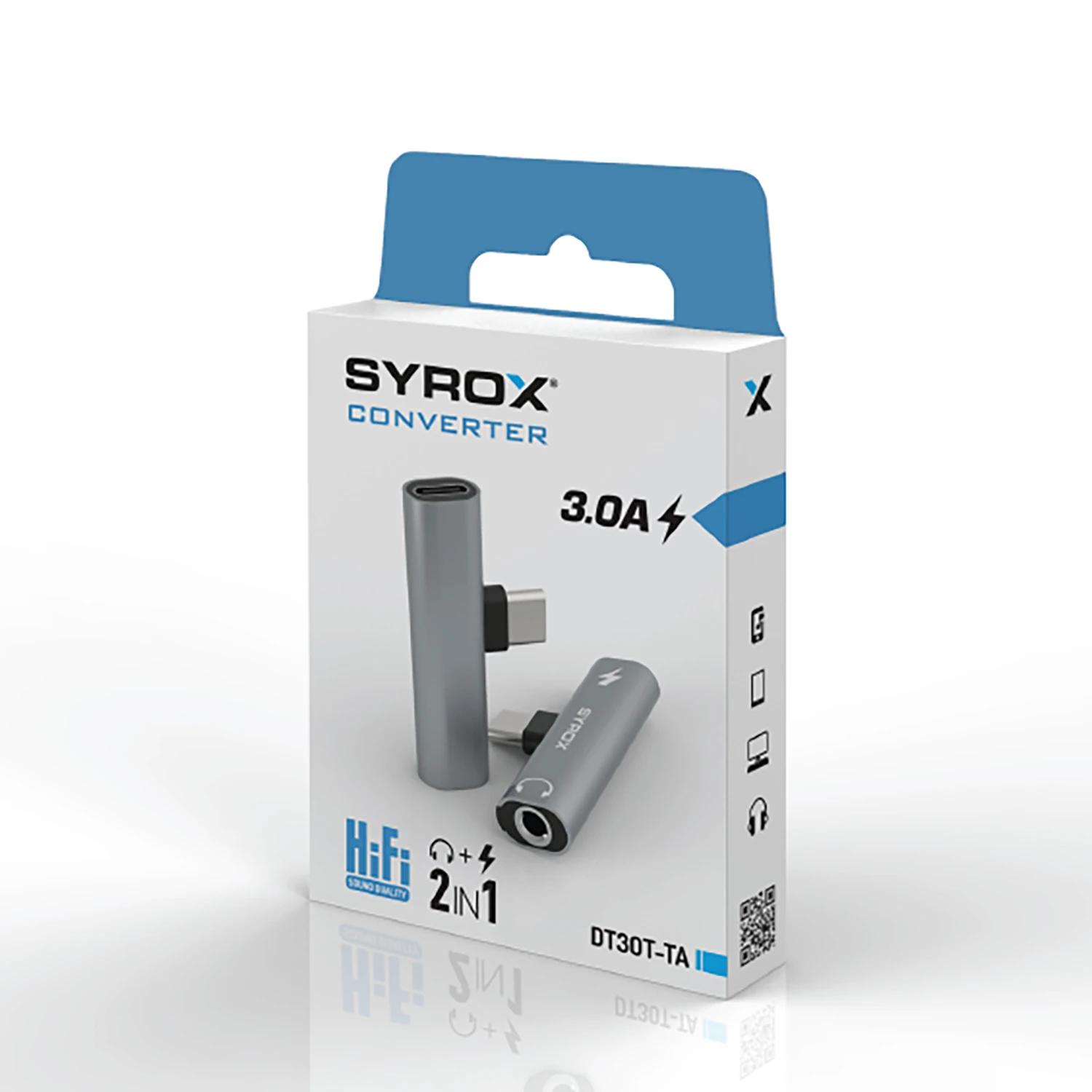 Syrox DT30T-TA Type-C - Type-C + 3.5mm AUX Maxi Ses ve Şarj Ayırıcı Dönüştürücü - Gri