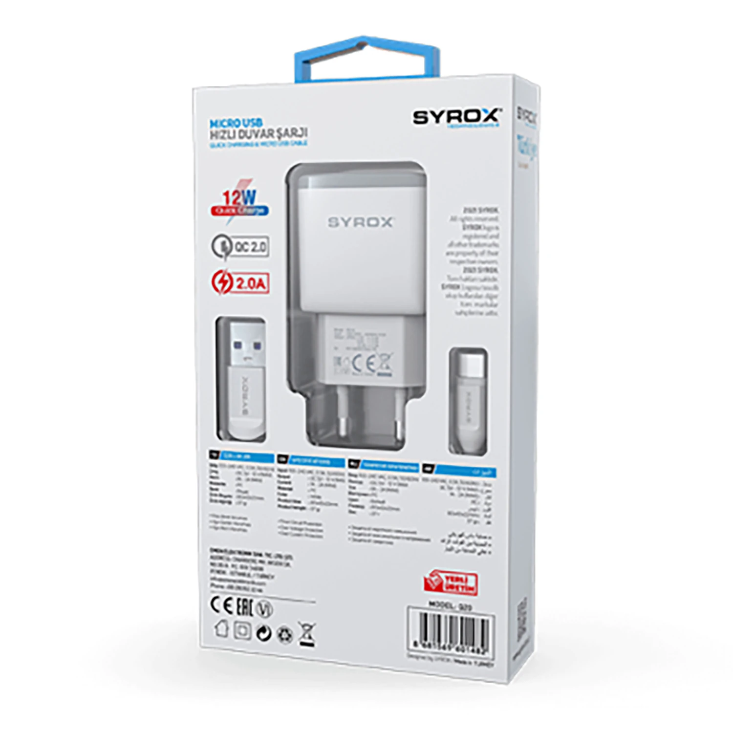 Syrox Q20 2.0A 1mt USB-A - Micro USB Kablolu 1xUSB-A Port Çıkışlı Şarj Cihazı - Beyaz