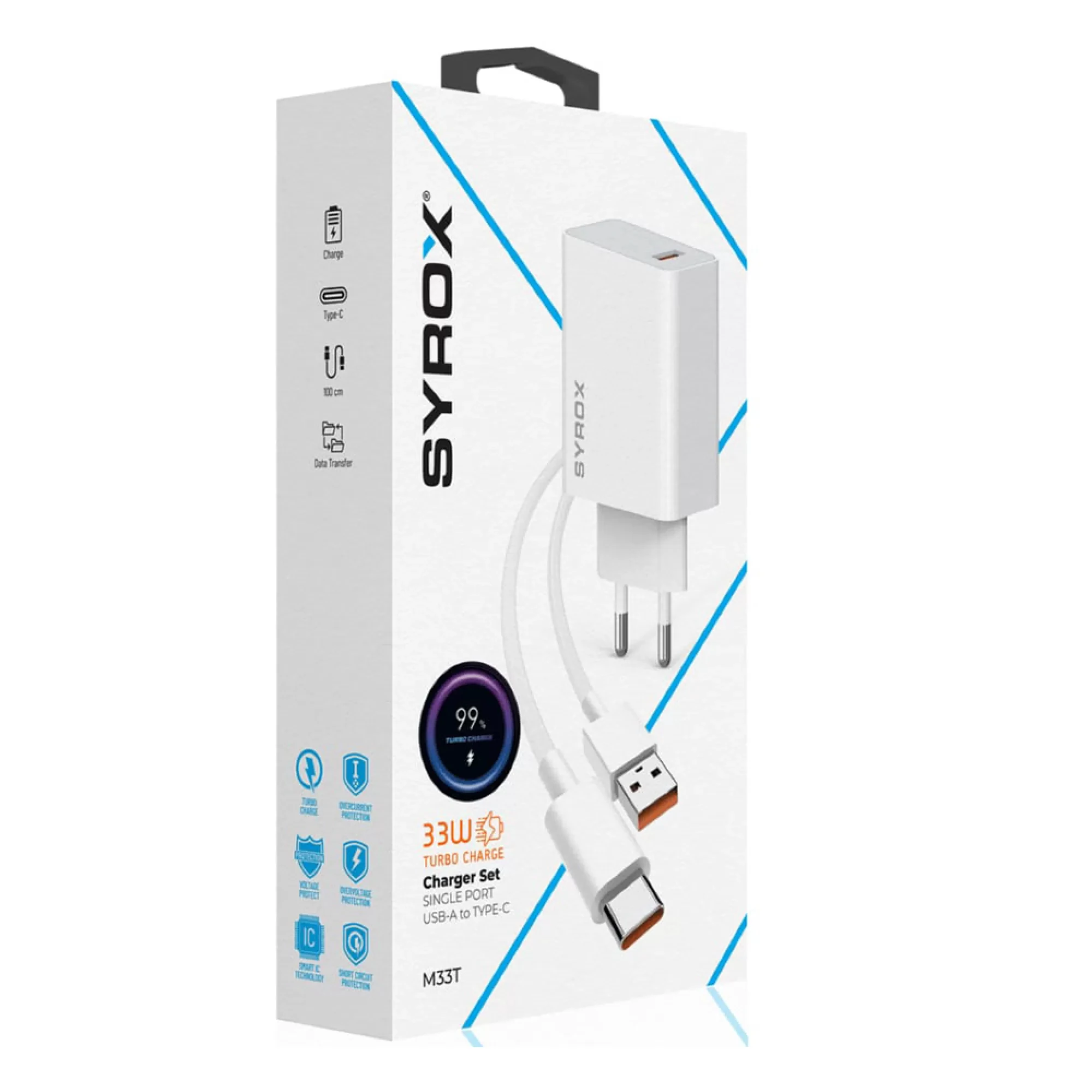 Syrox M33T 3.0A 33W Turbo 1mt USB-A - Type-C Kablolu 1xUSB-A Çıkışlı Şarj Cihazı - Beyaz