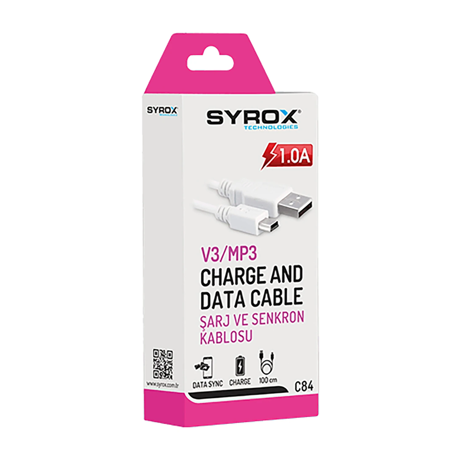 Syrox C84 V3/MP3 1mt USB-A - Mini USB Şarj & Data Kablosu - Beyaz