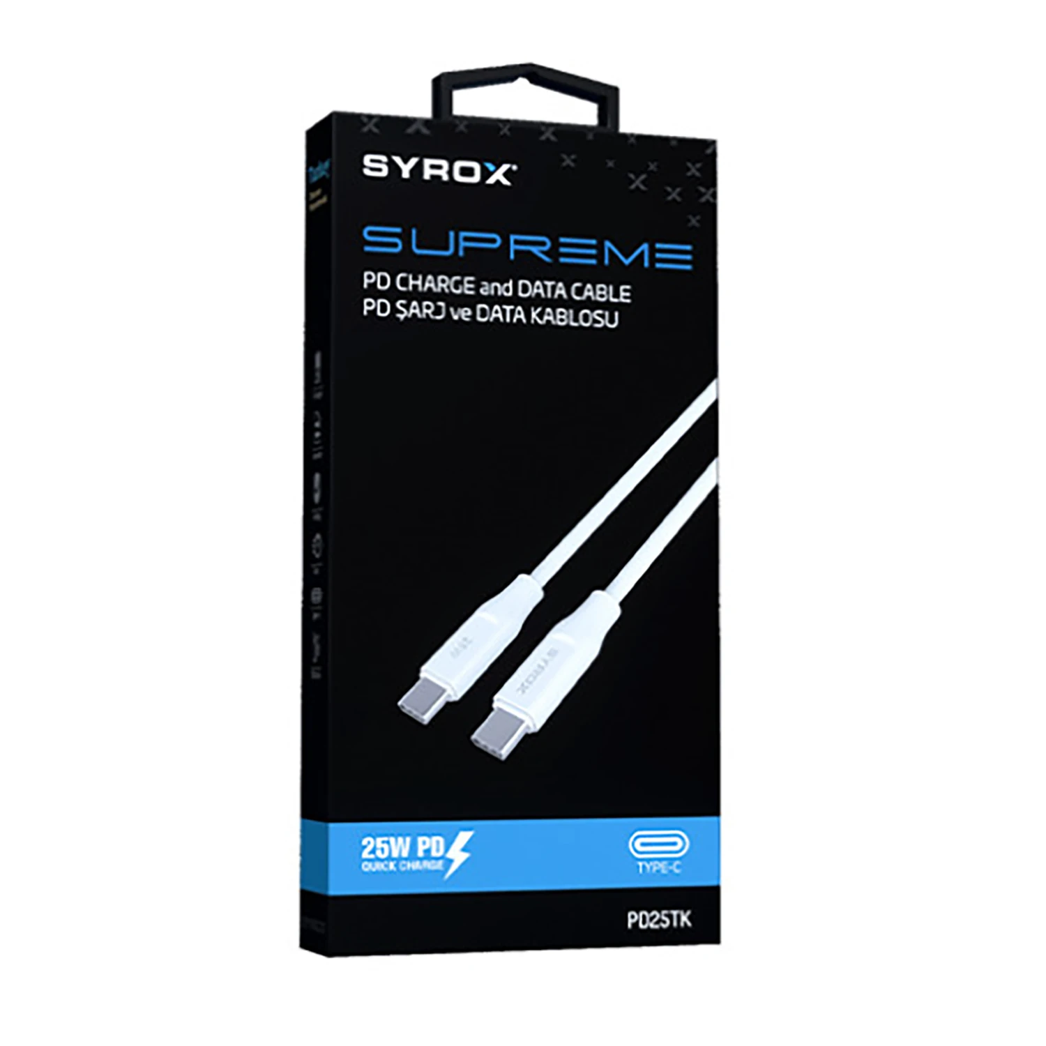 Syrox PD25TK 3.0A 25W 1mt Type-C - Type-C Şarj & Data Kablosu - Beyaz