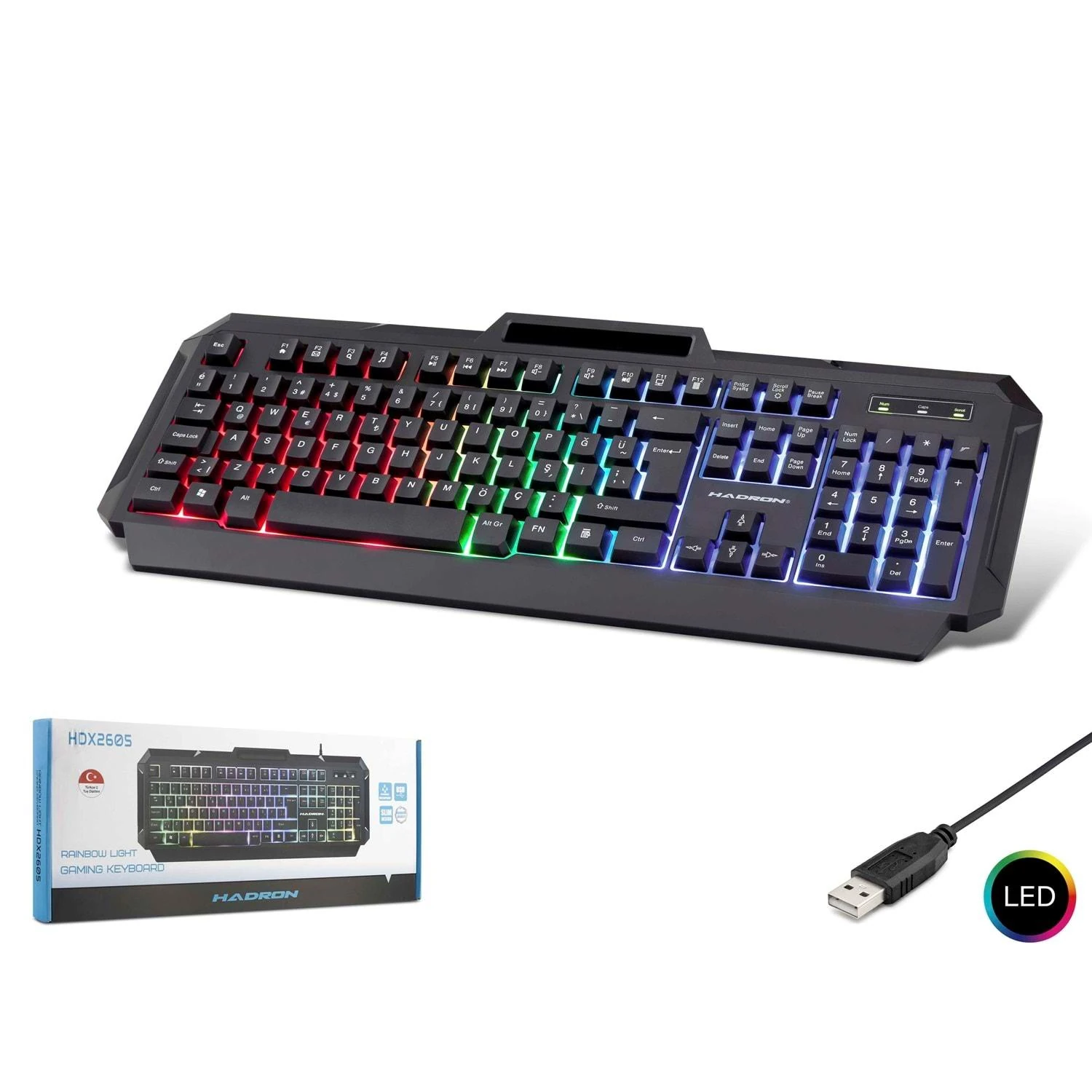 Hadron HDX2605 Türkçe-Q FN Multimedia Gökkuşağı Ledli Telefon Standlı 1.40mt USB Kablolu Oyuncu Klavyesi - Siyah