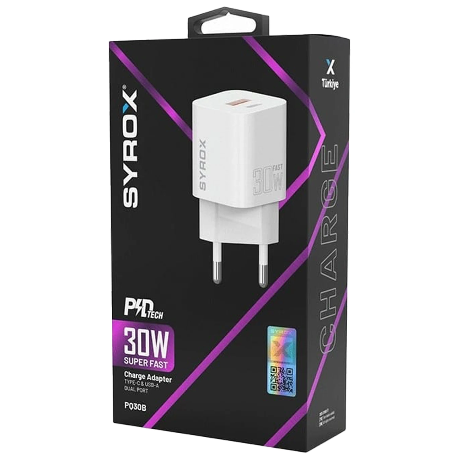 Syrox PDQ30B 30W PD QC 4.0 1xUSB-A + 1xType-C Port Çıkışlı Şarj Cihazı - Beyaz