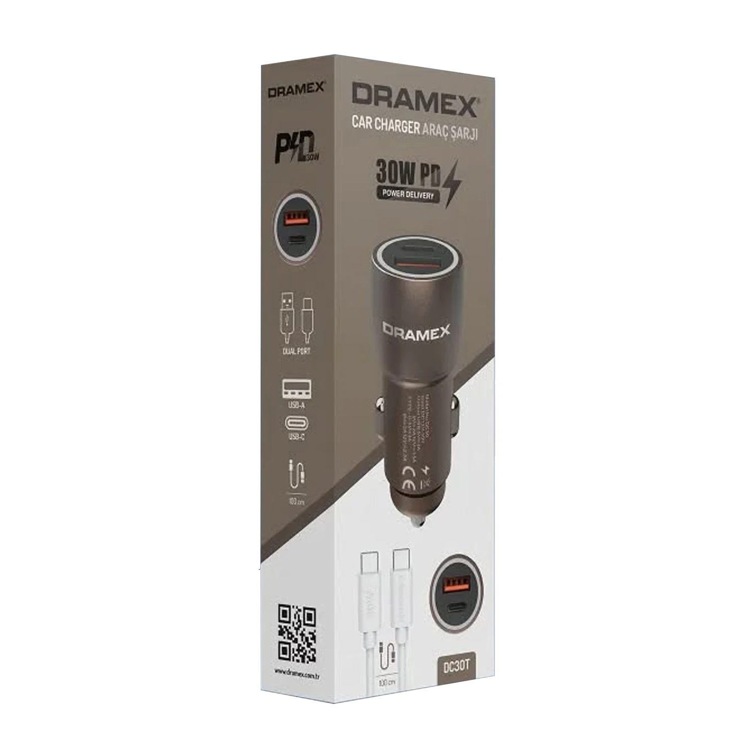 Dramex DC30T 3.1A 30W PD Q.C. 3.0 1mt Type-C - Type-C Kablolu 1xType-C + 1xUSB-A Port Çıkışlı Hızlı Araç Şarj Cihazı - Kahverengi