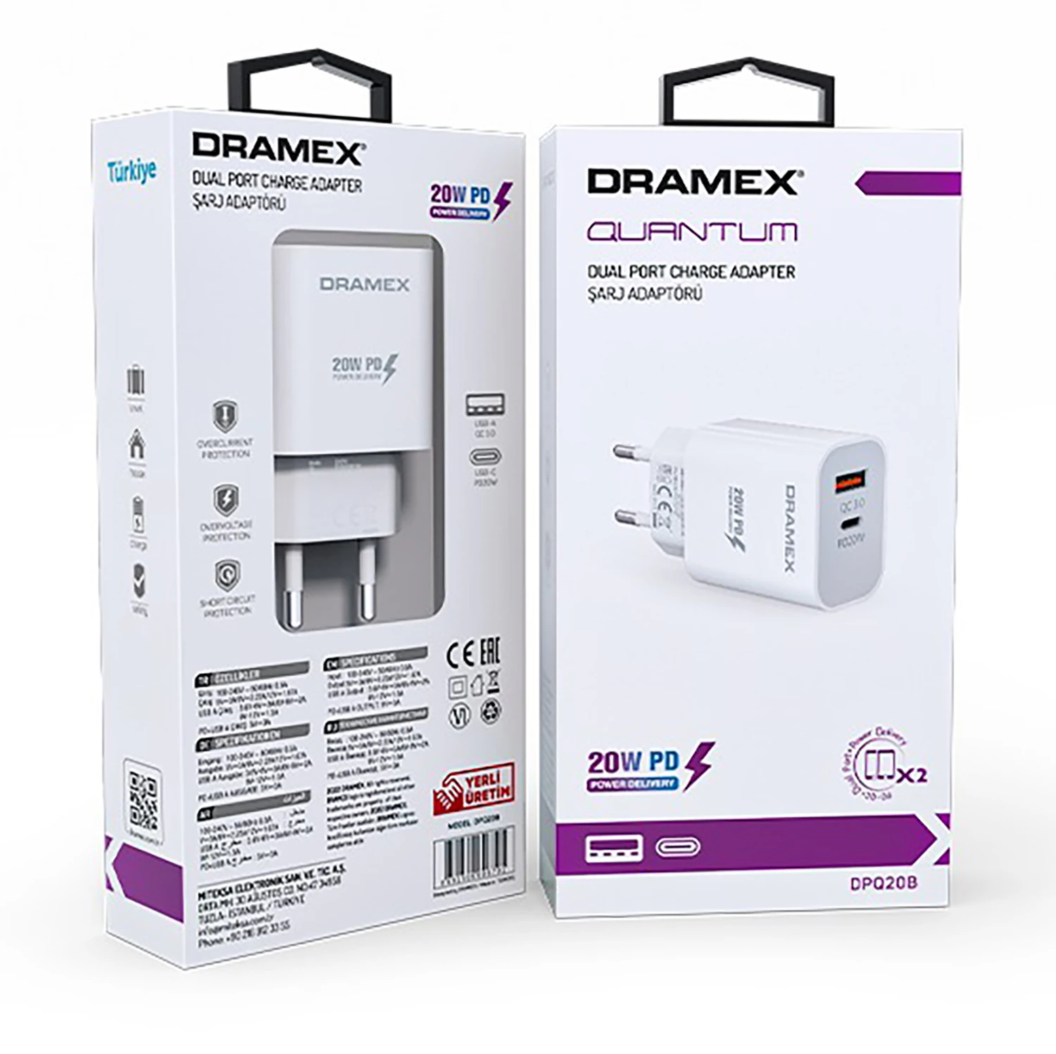 Dramex DPQ20B Quantum 20W PD QC 3.0 1xUSB-A + 1xType-C Port Çıkışlı Şarj Cihazı - Beyaz