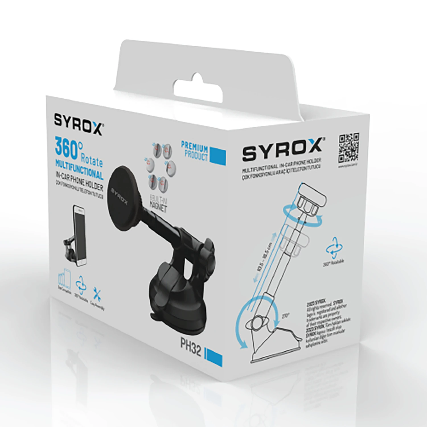 Syrox PH32 Çok Fonksiyonlu Açı Ayarlı Vantuzlu Mıknatıslı Araç İçi Telefon Tutucu - Siyah