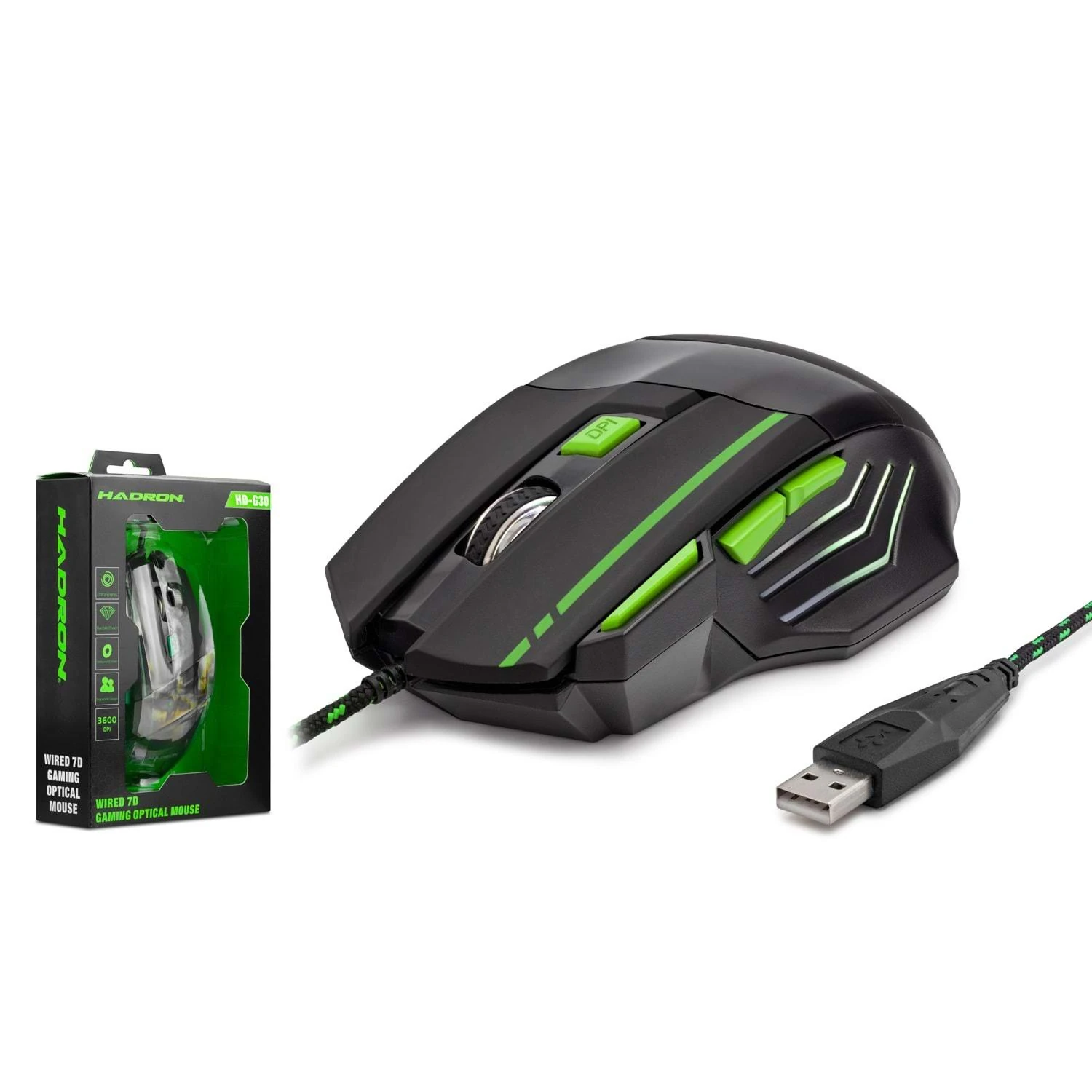 Hadron HDG30 3600dpi Ledli 1.44mt USB Kablolu Oyuncu Mouse - Yeşil-Siyah