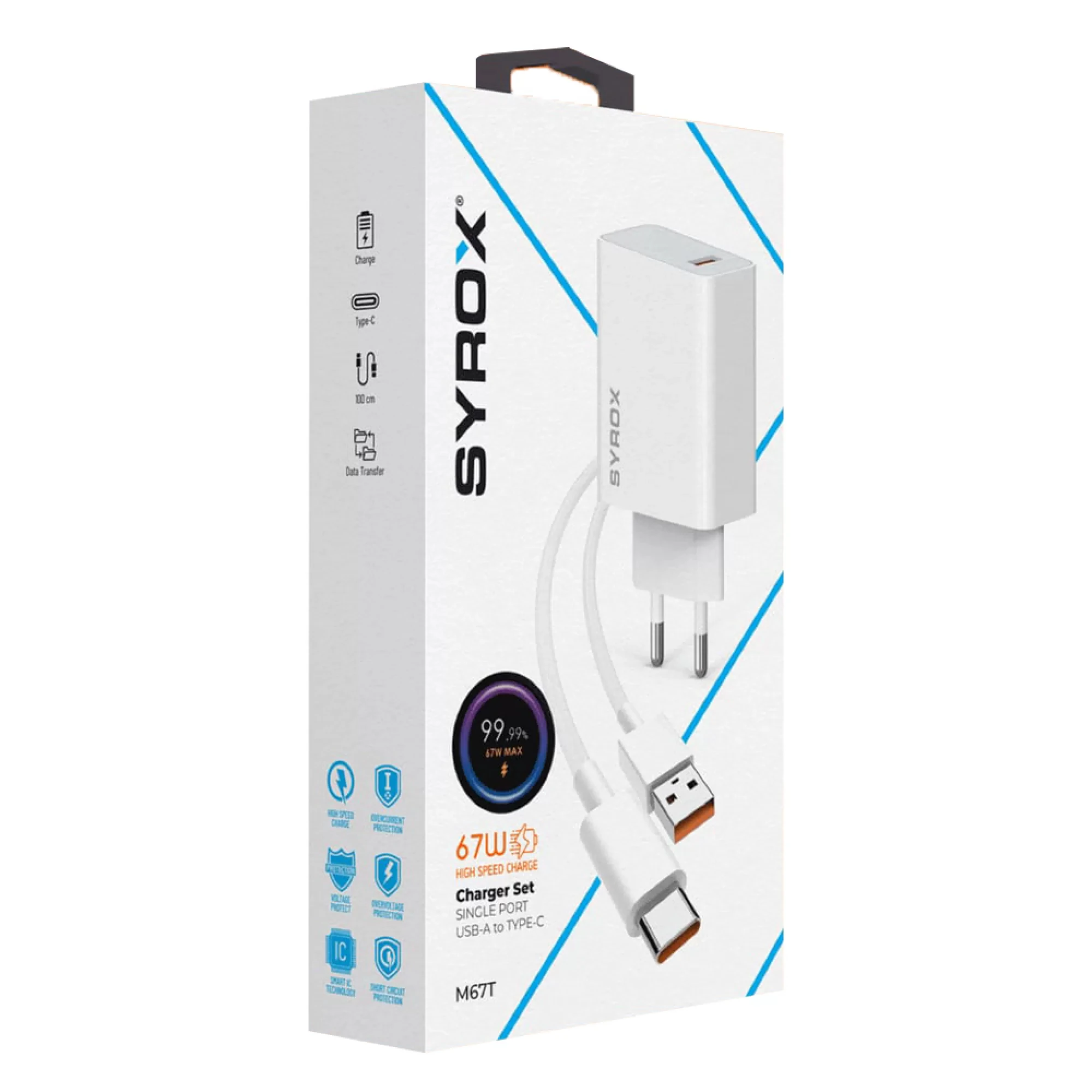 Syrox M67T 3.0A 67W Turbo 1mt USB-A - Type-C Kablolu 1xUSB-A Çıkışlı Şarj Cihazı - Beyaz