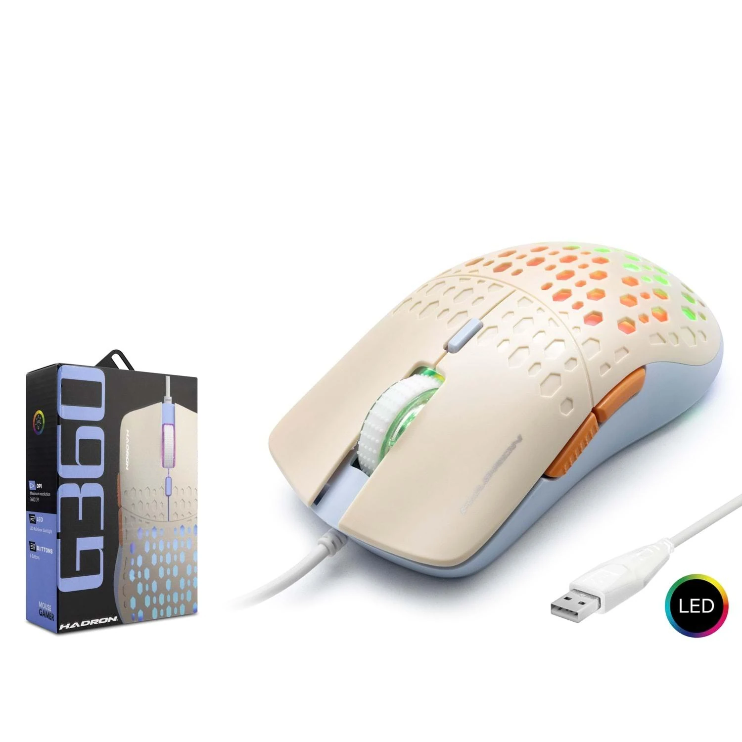 Hadron G360 3600dpi Led Aydınlatmalı 1.50mt USB Kablolu Oyuncu Mouse - Beyaz