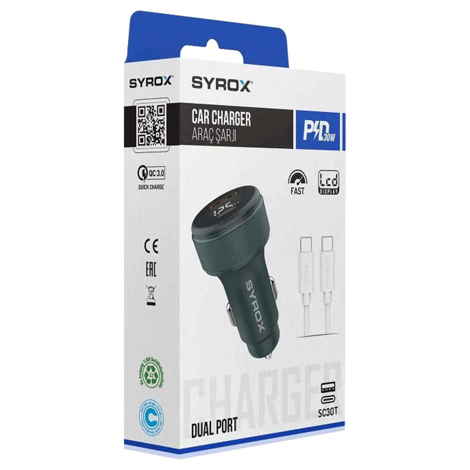Syrox SC30T 3.1A 30W PD Q.C. 3.0 1mt Type-C - Type-C Kablolu Dijital Ekranlı 1xType-C + 1xUSB-A Port Çıkışlı Hızlı Araç Şarj Cihazı - Siyah