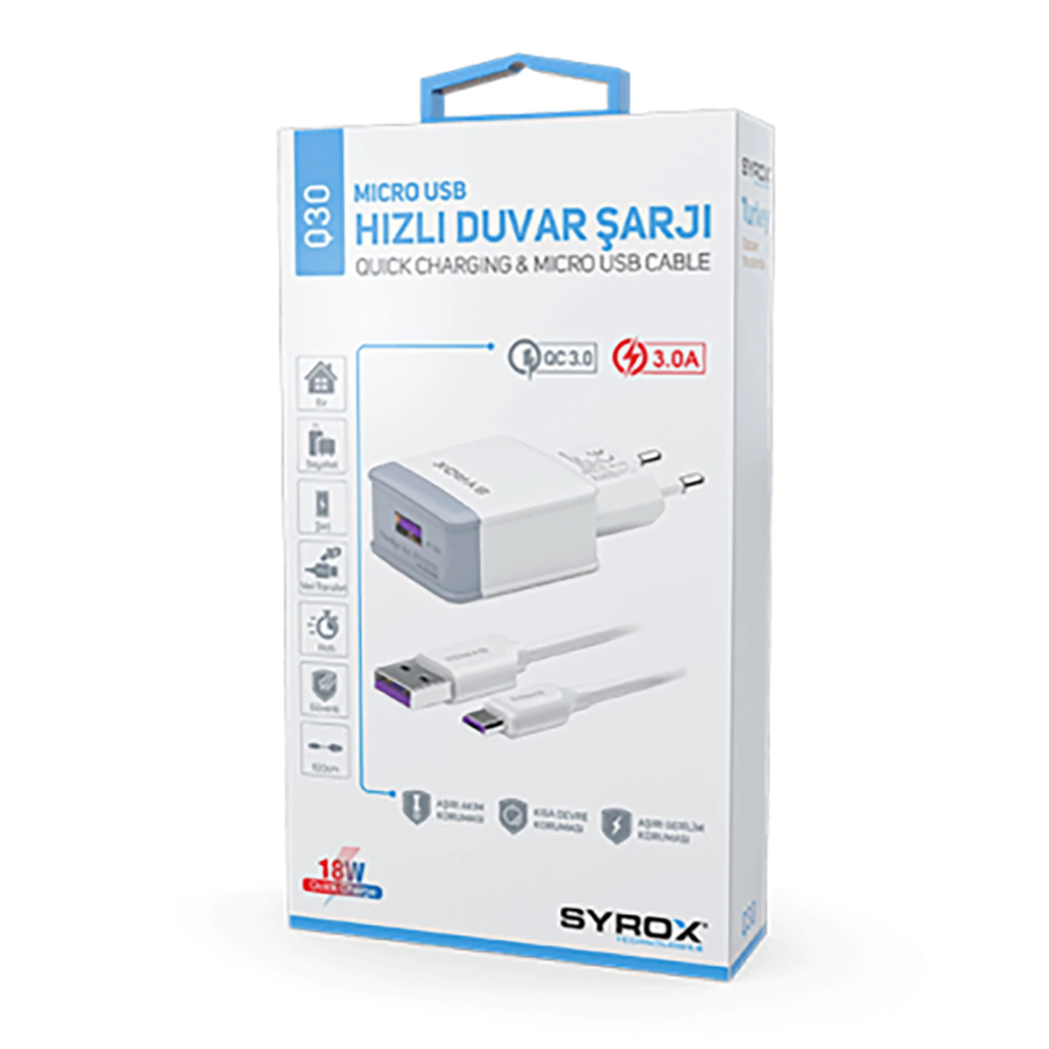 Syrox Q30 3.0A 18W 1mt USB-A - Micro USB Kablolu 1xUSB-A Port Çıkışlı Şarj Cihazı - Beyaz