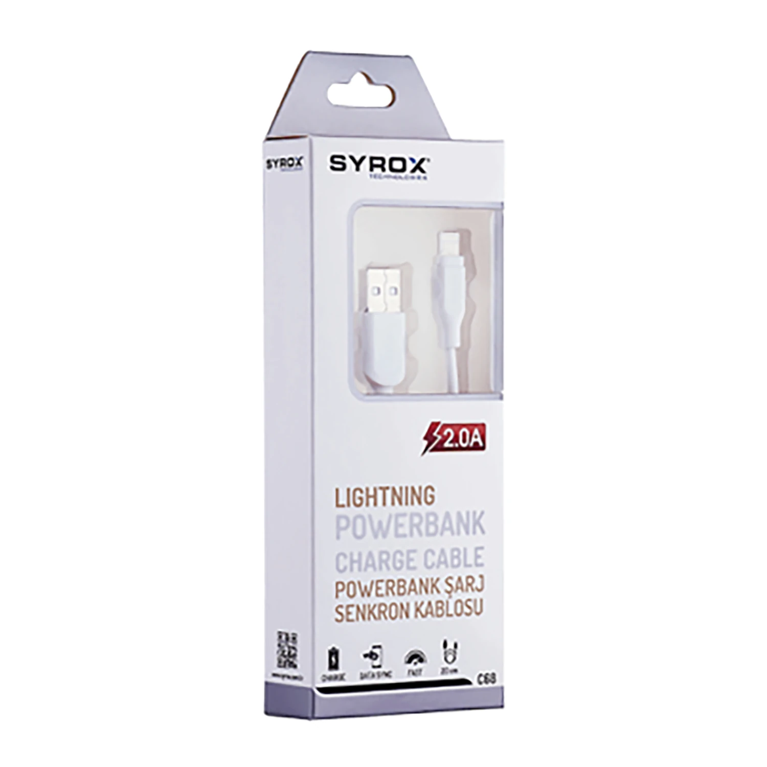 Syrox C68 2.0A 20cm USB-A - Lightning Şarj & Data Kablosu - Beyaz