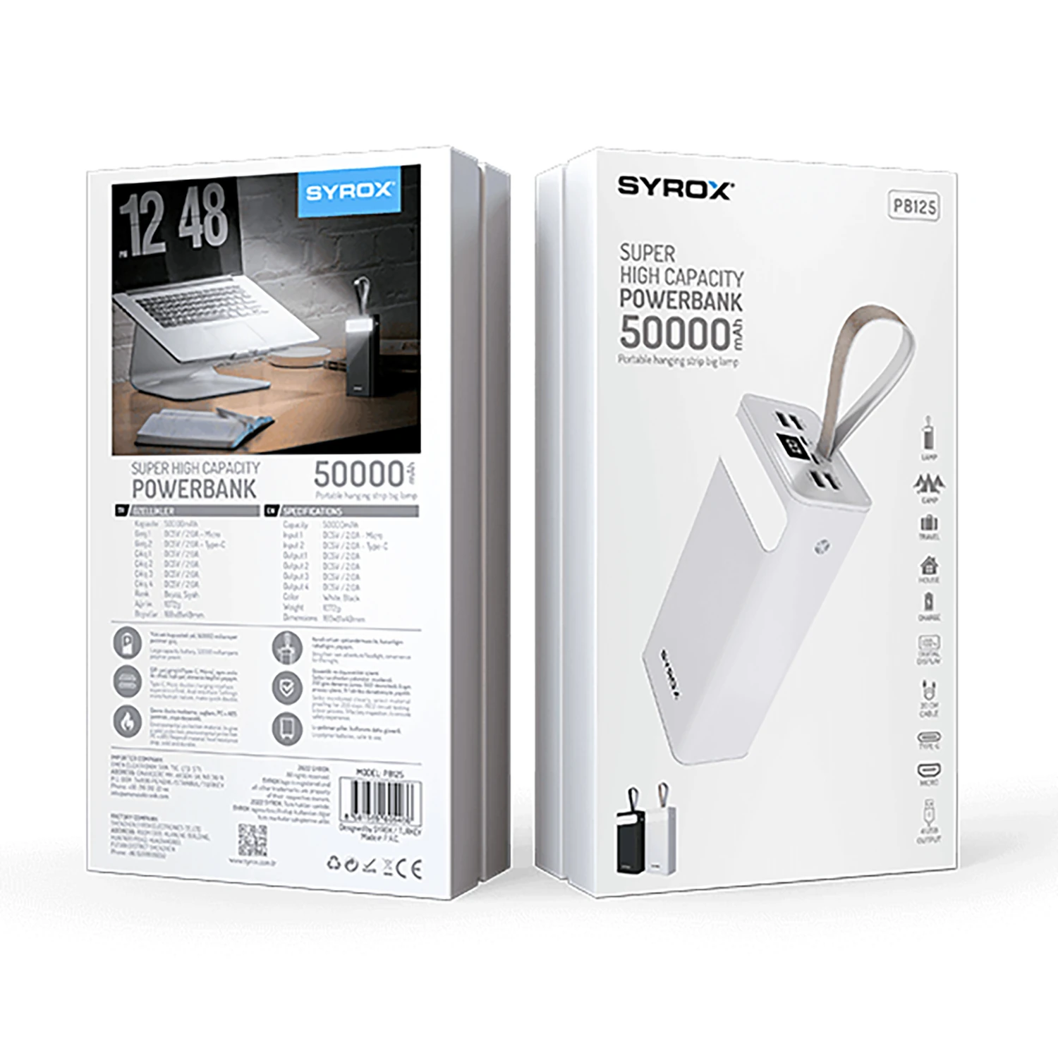 Syrox PB125 50.000 mAh Dijital Göstergeli 4 Çıkışlı El Fenerli Powerbank - Beyaz