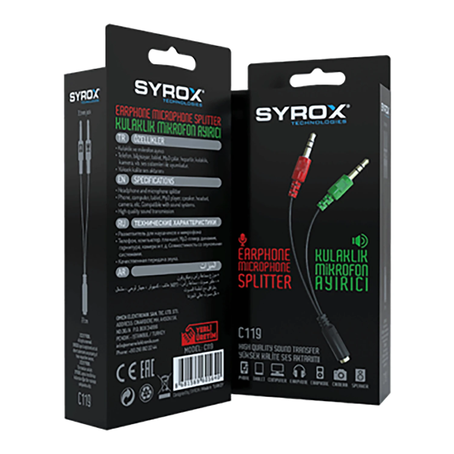 Syrox C119 3.5mm AUX (D) - 2x3.5mm (E) AUX Kulaklık Mikrofon Ayırıcı Dönüştürücü - Siyah