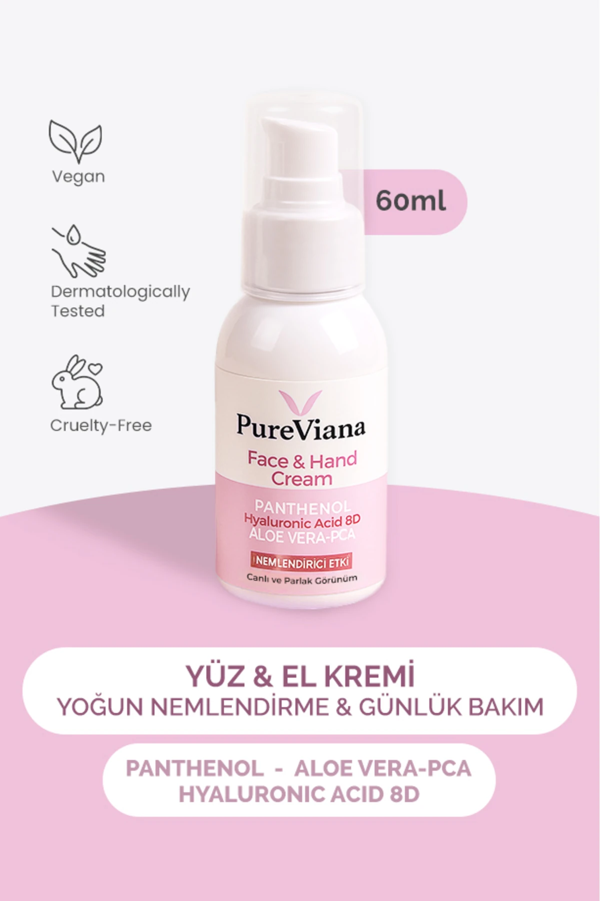 Yüz & El Kremi 60ml – Hyaluronik Asit 8D + Aloe Vera + Cica + Shea – Nemlendirici, Bariyer Onarıcı
