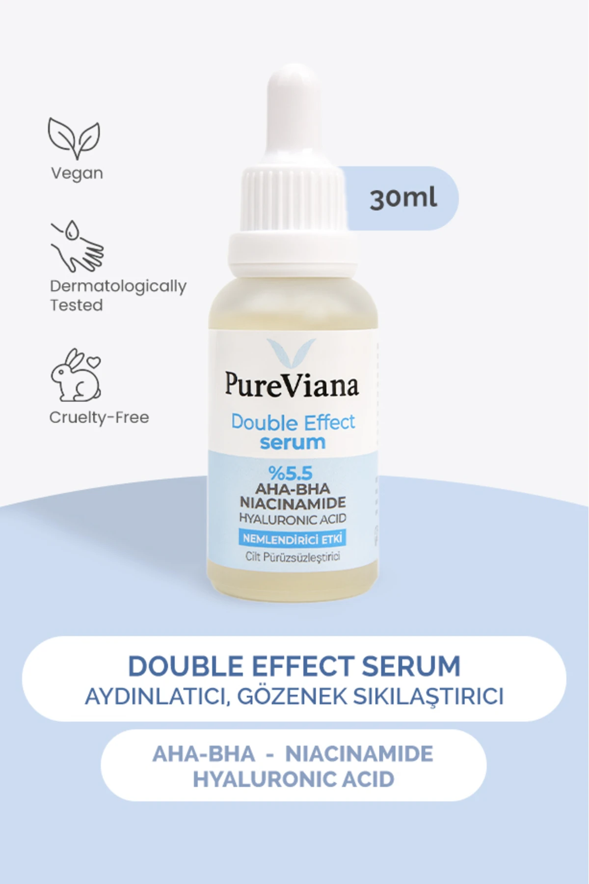 Double Effect Serum 30ml –AHA-BHA + Niacinamide– Aydınlatıcı, Gözenek Sıkılaştırıcı, Ton Eşitleyici