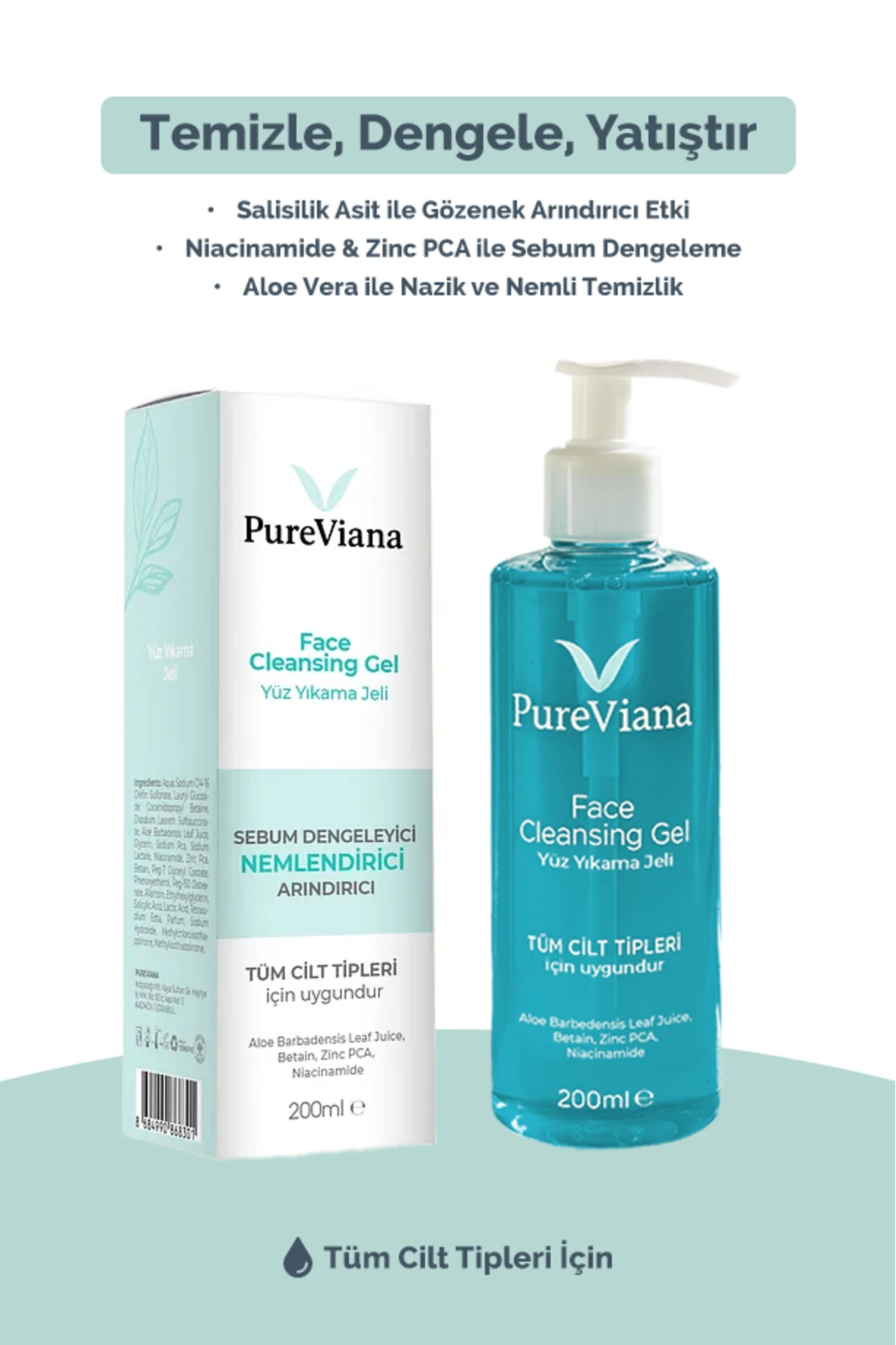 Yüz Temizleme Jeli 200ml – Aloe Vera + Niacinamide + BHA – Siyah Nokta & Akne, Gözenek Temizleyici