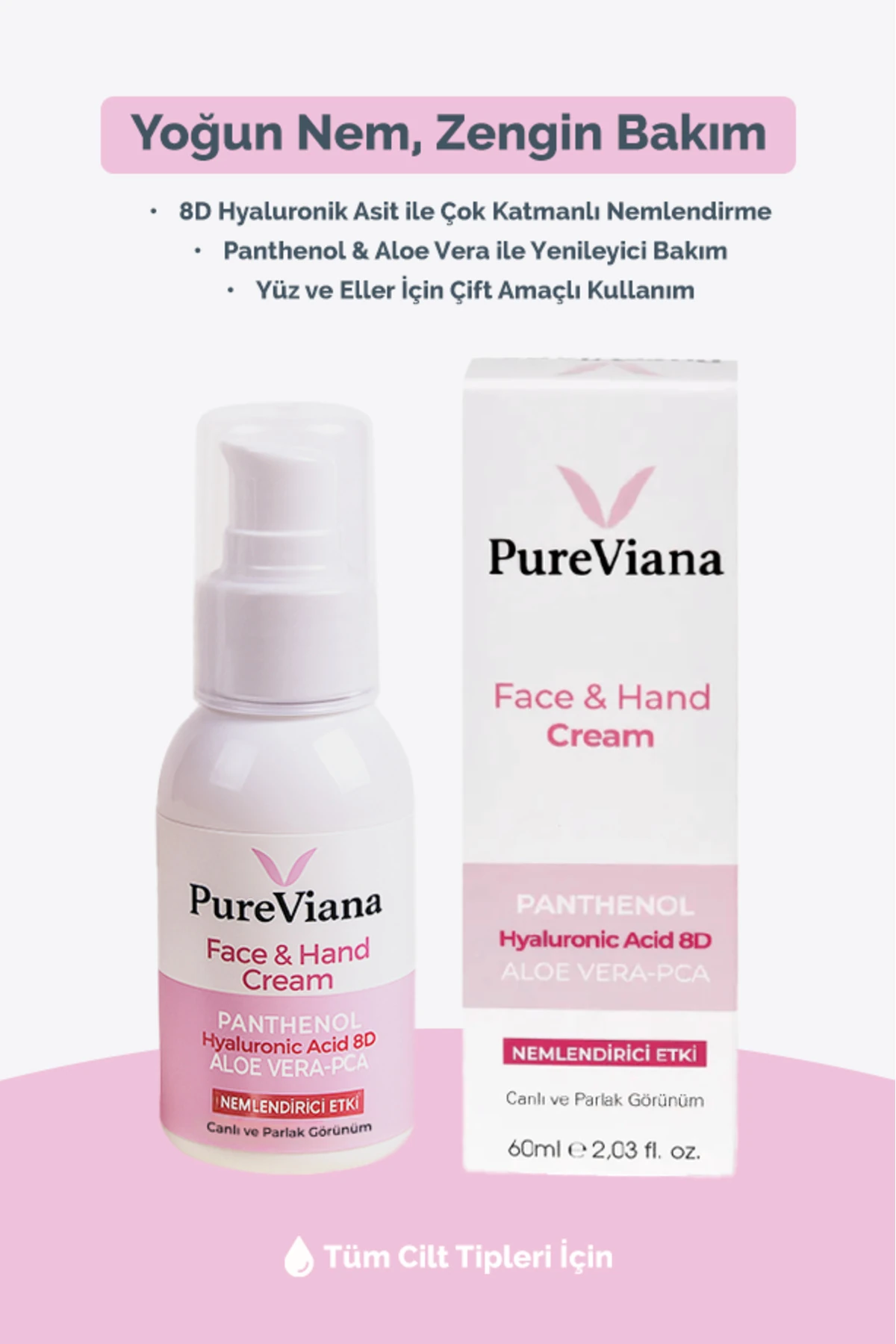 Yüz & El Kremi 60ml – Hyaluronik Asit 8D + Aloe Vera + Cica + Shea – Nemlendirici, Bariyer Onarıcı