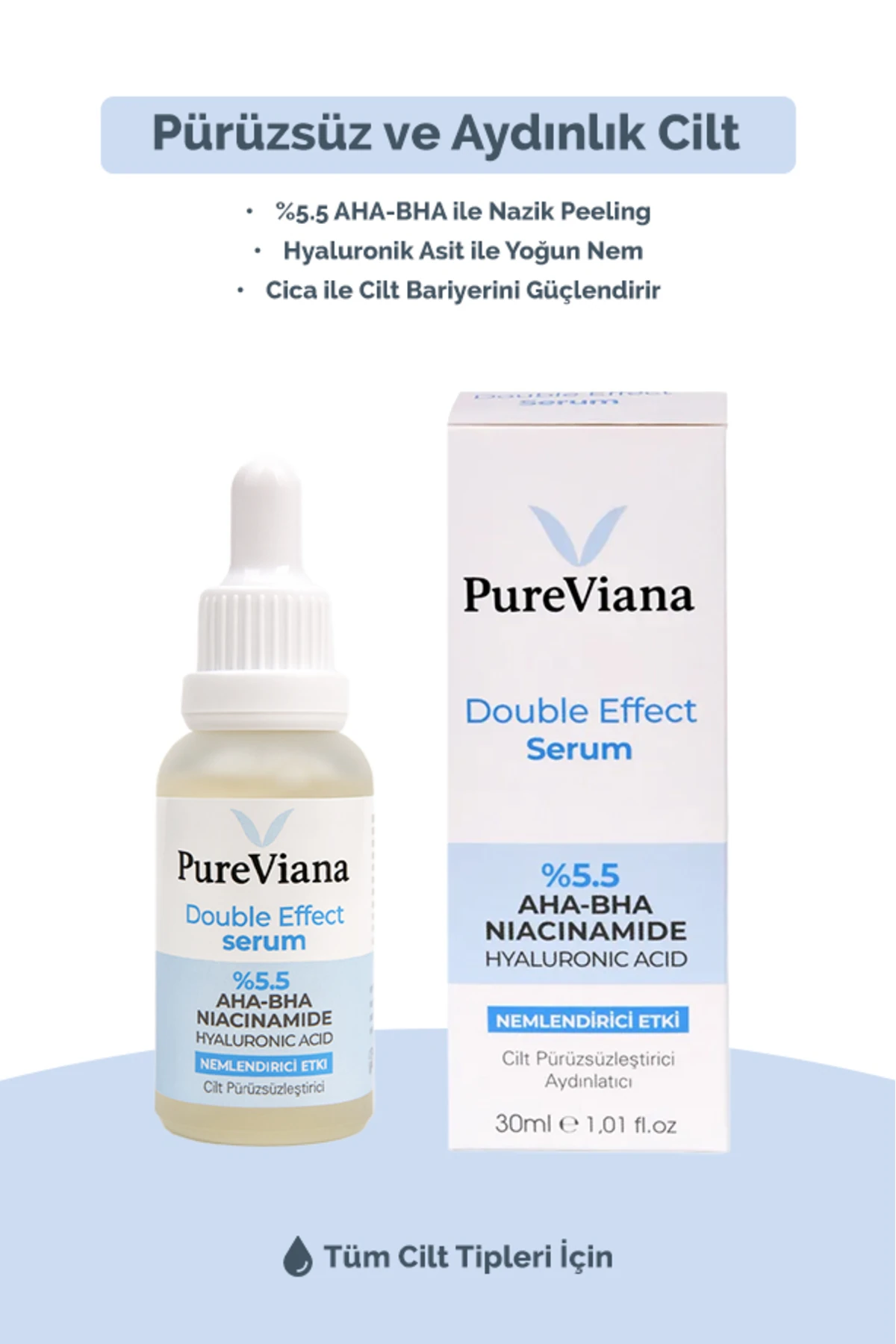Double Effect Serum 30ml –AHA-BHA + Niacinamide– Aydınlatıcı, Gözenek Sıkılaştırıcı, Ton Eşitleyici