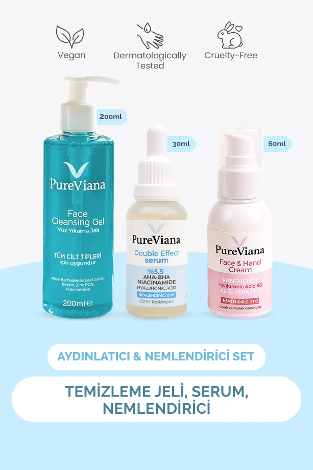 Aydınlatıcı & Nemlendirici Set – 3’lü – Temizleme, Serum, Nemlendirici