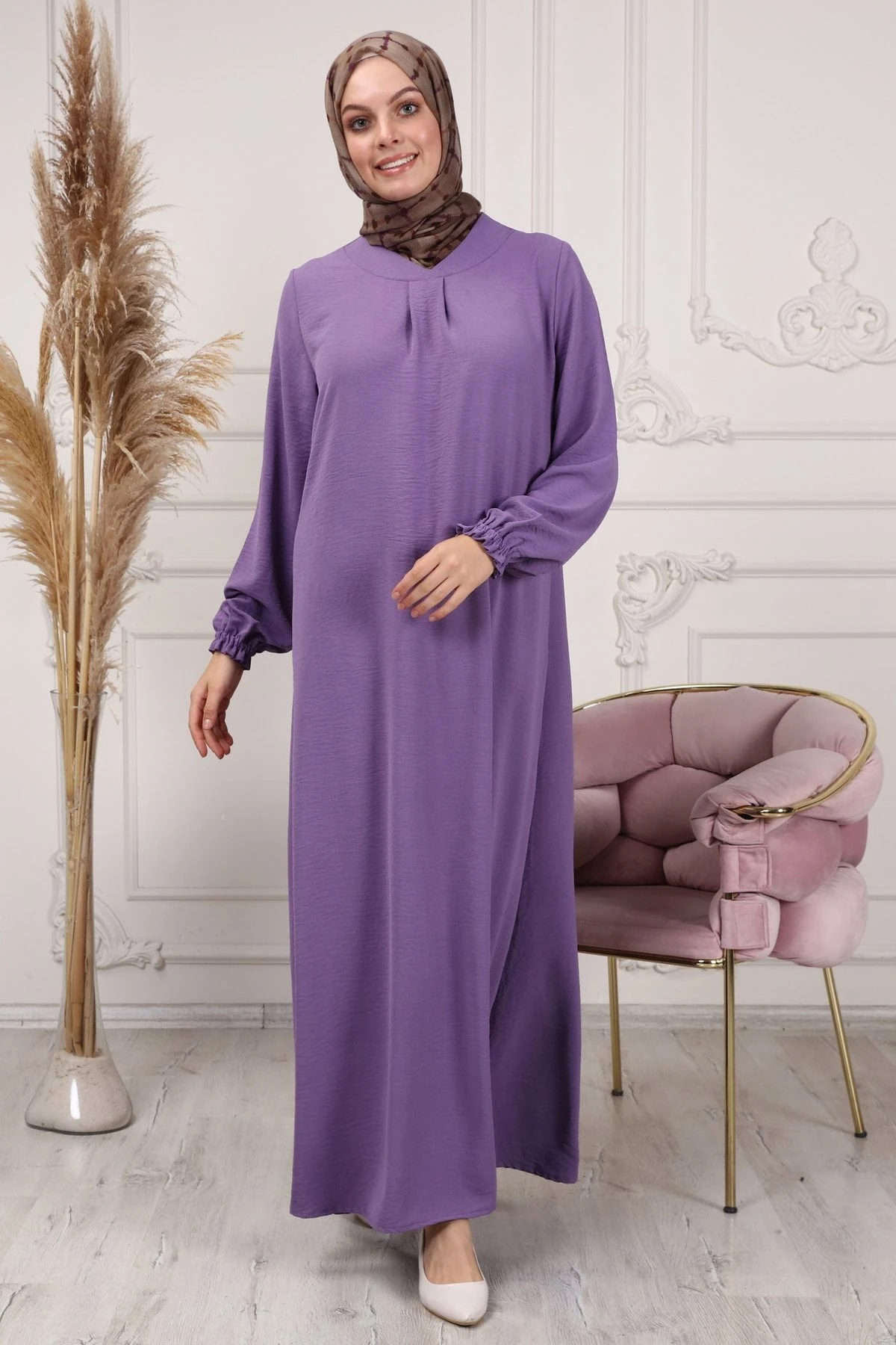 Hilal Yaka Düz Kesim Anne Tessettür Elbise Geniş Kalıp