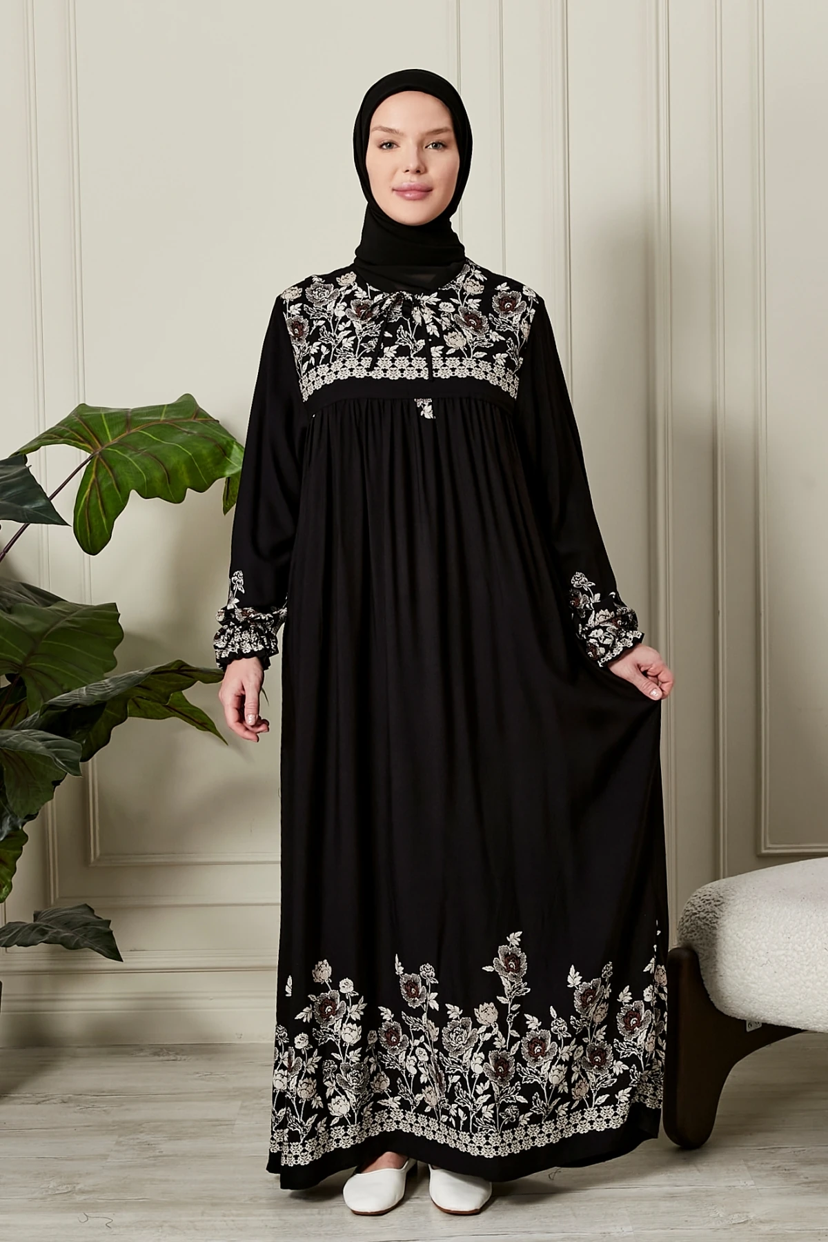 Düz Robadan Önü Düğmeli Viskon Kumaş Tessetür Giyim Anne Elbisesi Namaz Elbisesi