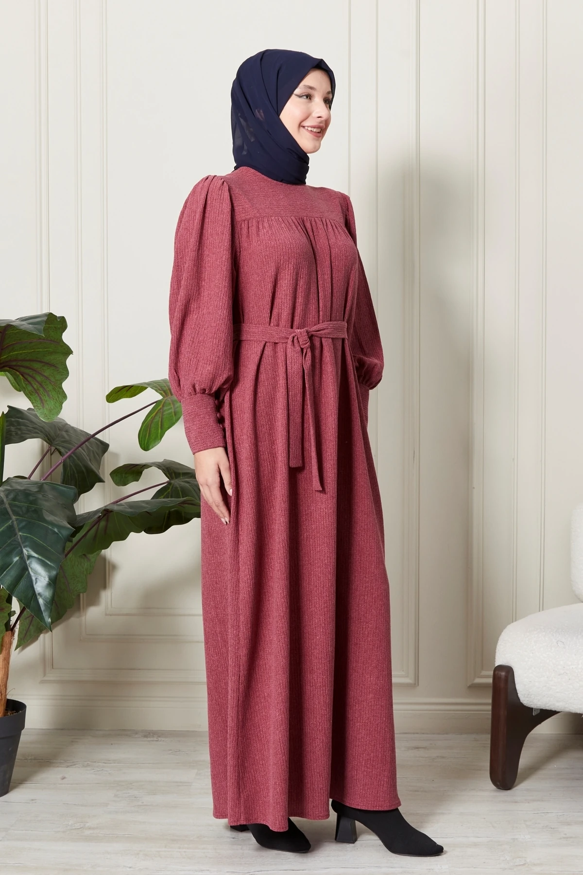 Fitilli Örgü İnce Kadife Kumaş Kemerli Kuşaklı Kışlık Göğüs Üstü Robadan Prenses Kol Tesettür Elbise
