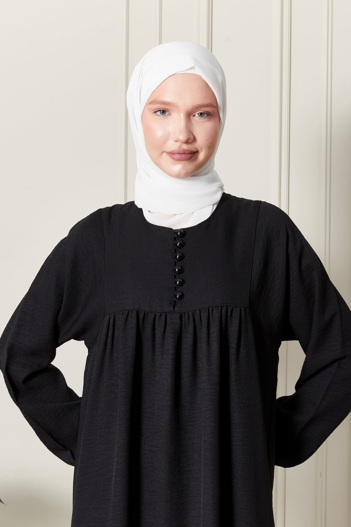 Büzgü Robadan Önü Düğmeli KetenKumaş Tessetür Giyim Anne Elbisesi Namaz Elbisesi