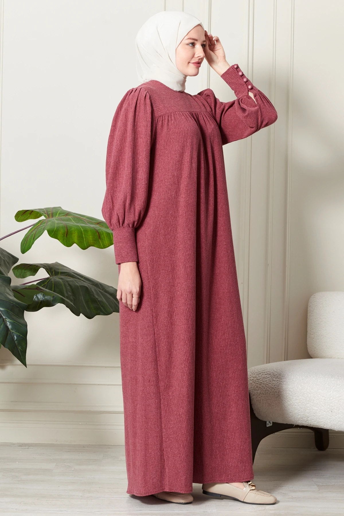 Fitilli Örgü İnce Kadife Kumaş Kemerli Kuşaklı Kışlık Göğüs Üstü Robadan Prenses Kol Tesettür Elbise