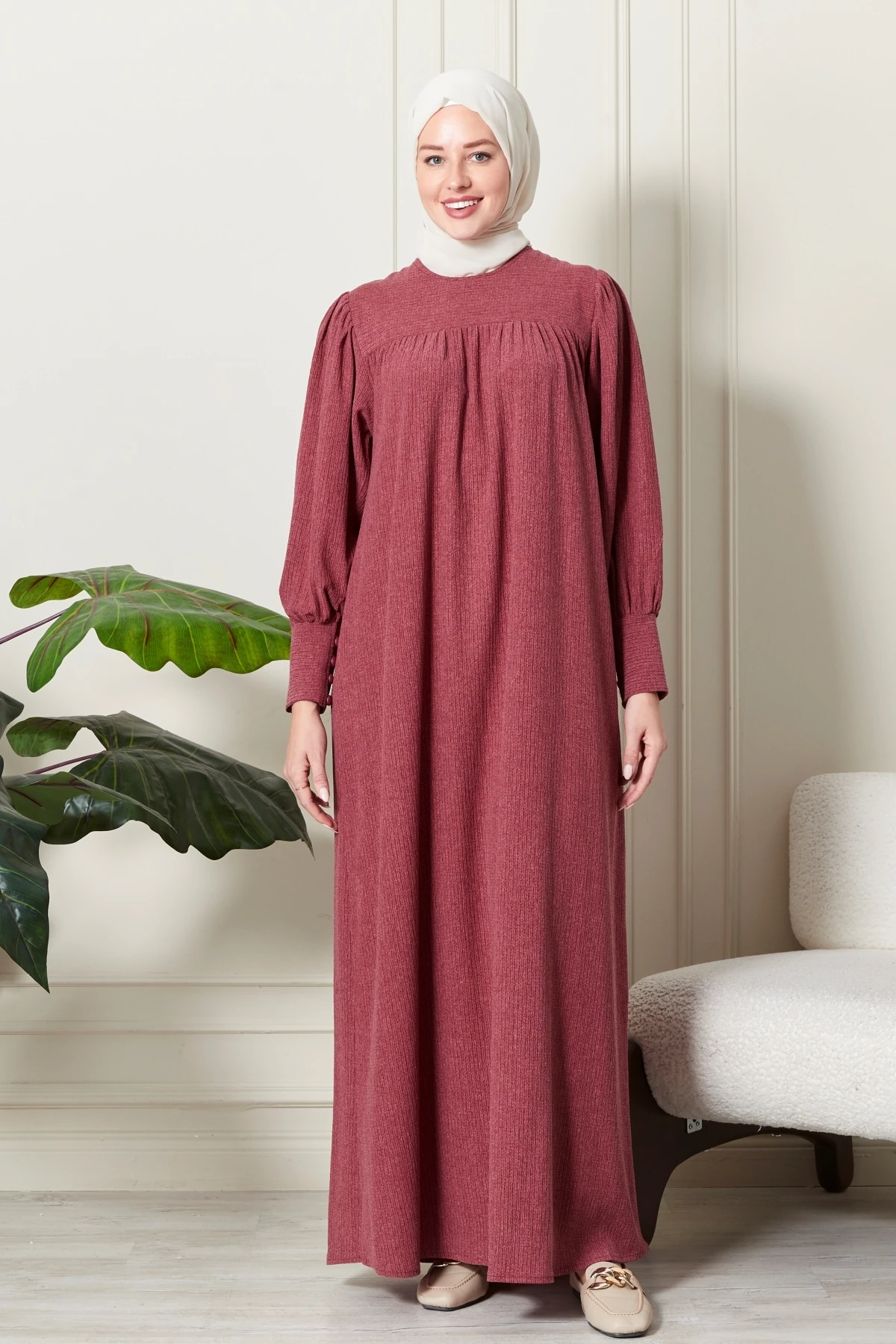 Fitilli Örgü İnce Kadife Kumaş Kemerli Kuşaklı Kışlık Göğüs Üstü Robadan Prenses Kol Tesettür Elbise