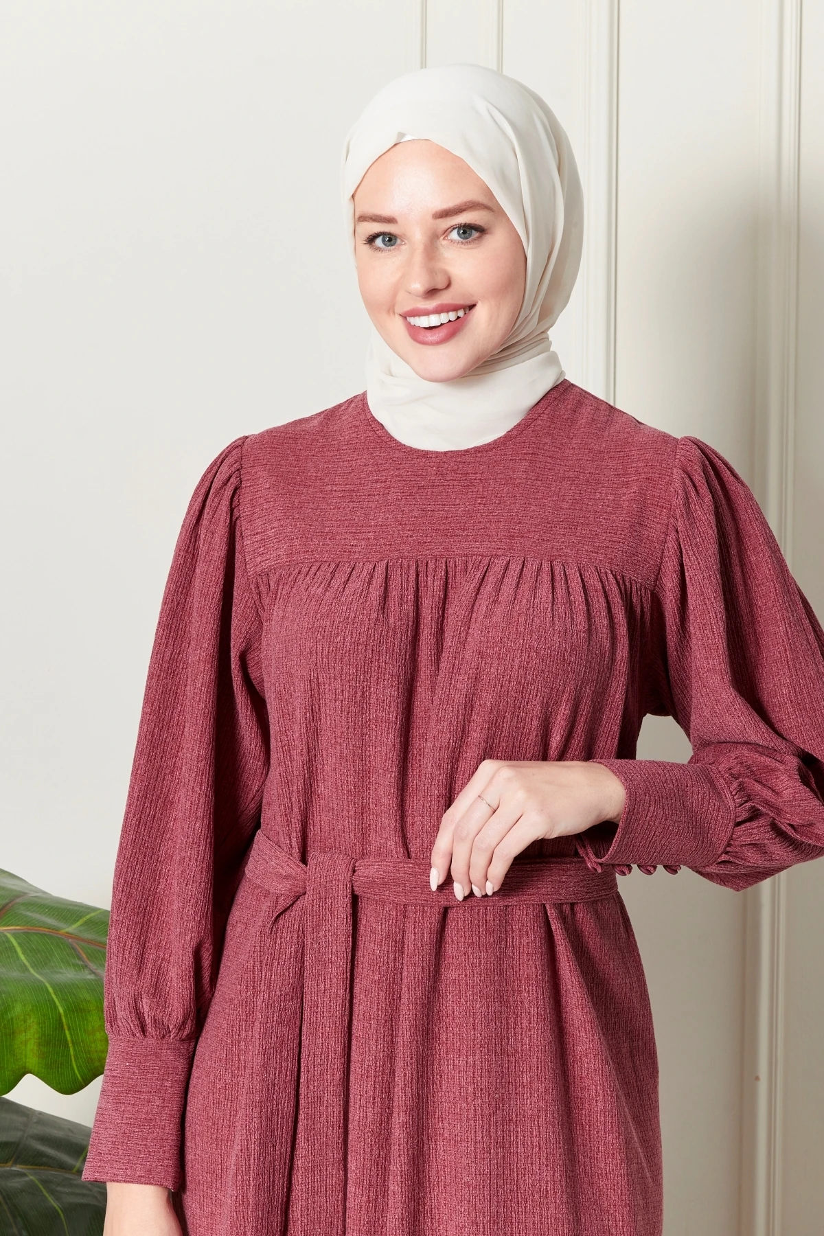 Fitilli Örgü İnce Kadife Kumaş Kemerli Kuşaklı Kışlık Göğüs Üstü Robadan Prenses Kol Tesettür Elbise