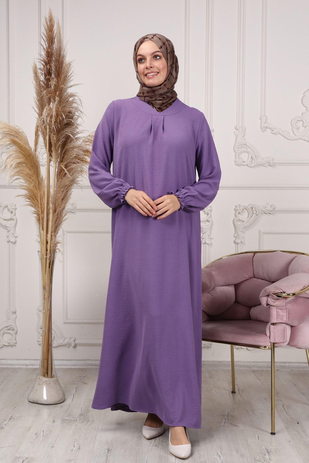 Hilal Yaka Düz Kesim Anne Tessettür Elbise Geniş Kalıp