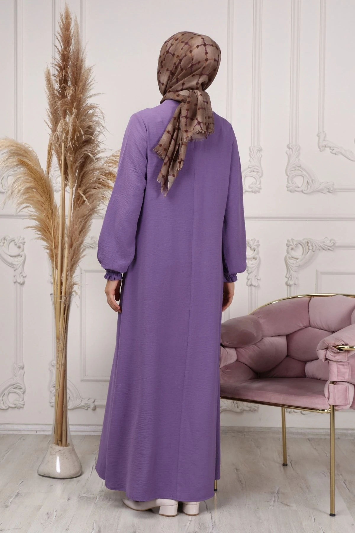 Hilal Yaka Düz Kesim Anne Tessettür Elbise Geniş Kalıp