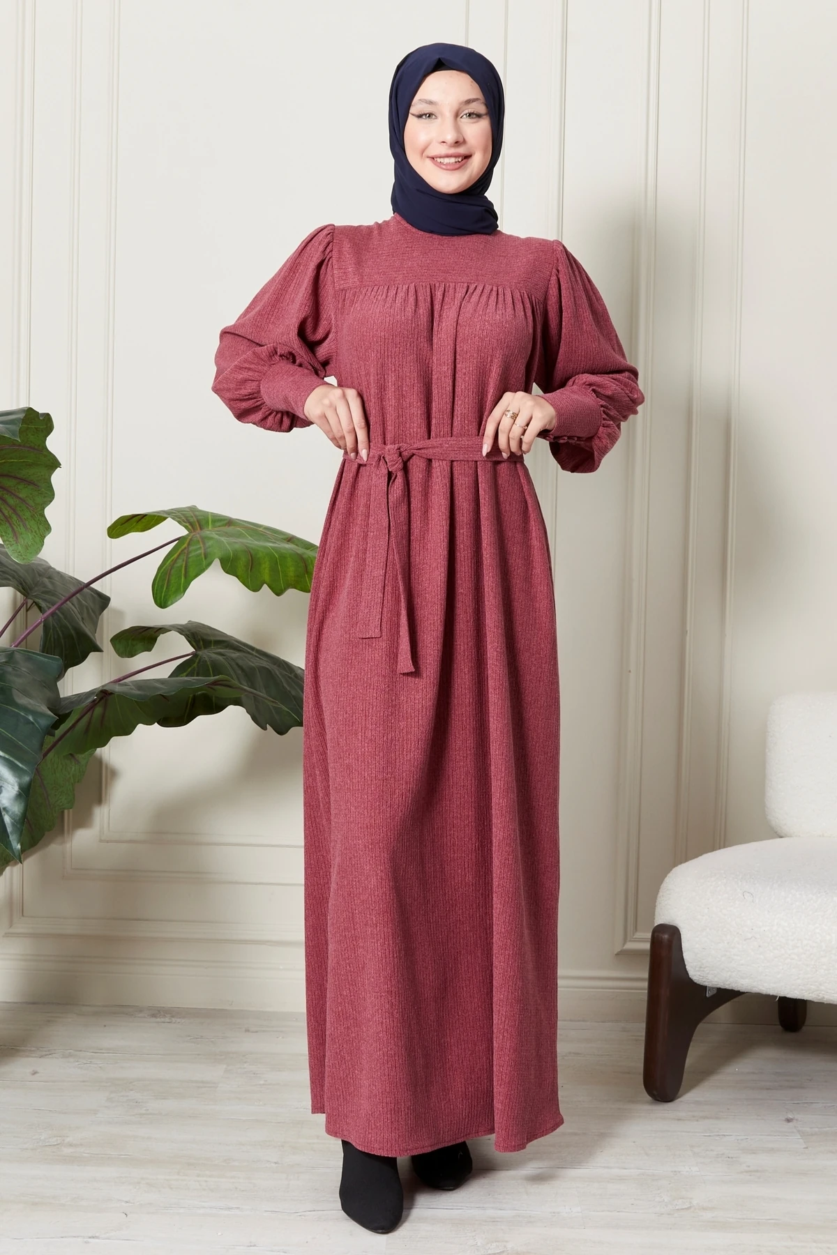Fitilli Örgü İnce Kadife Kumaş Kemerli Kuşaklı Kışlık Göğüs Üstü Robadan Prenses Kol Tesettür Elbise