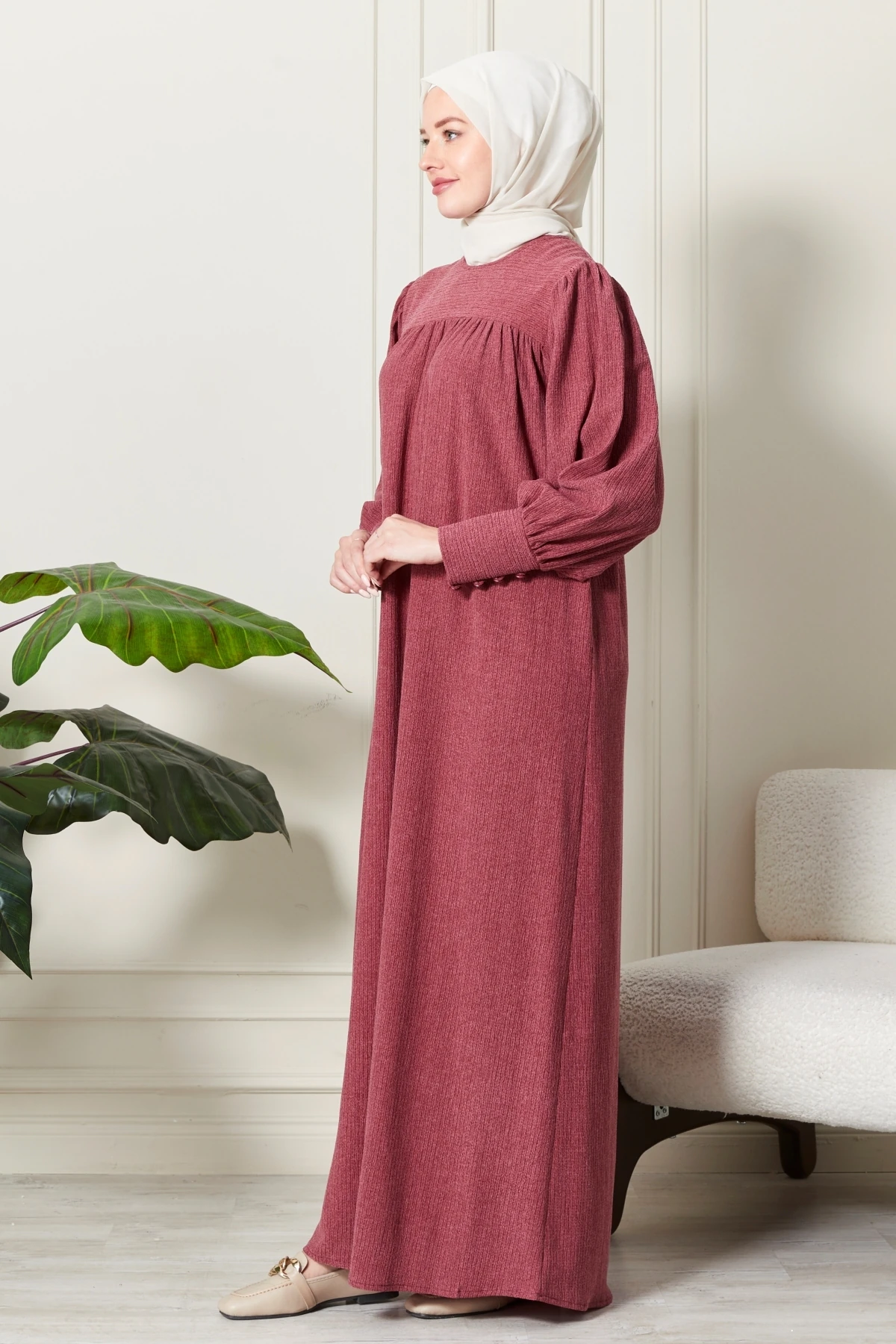Fitilli Örgü İnce Kadife Kumaş Kemerli Kuşaklı Kışlık Göğüs Üstü Robadan Prenses Kol Tesettür Elbise