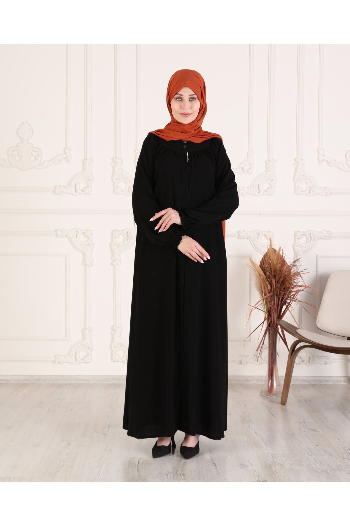 Boğazdan Robalı Düz Kesim Salaş Reglan Kol Gizli Fermuar Medine İpeği Feraca